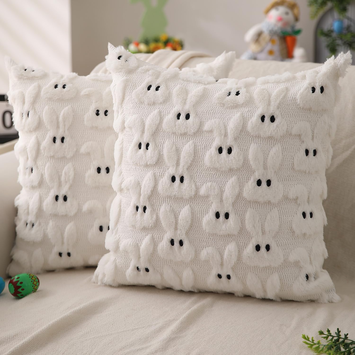 DFXSZ Easter Pillow Covers 20x20 inch Set of 2 Easter Decoration Cream White Rabbit Soft Plush Faux Fur Jacquard Throw Pillows for Bedroom Sofa