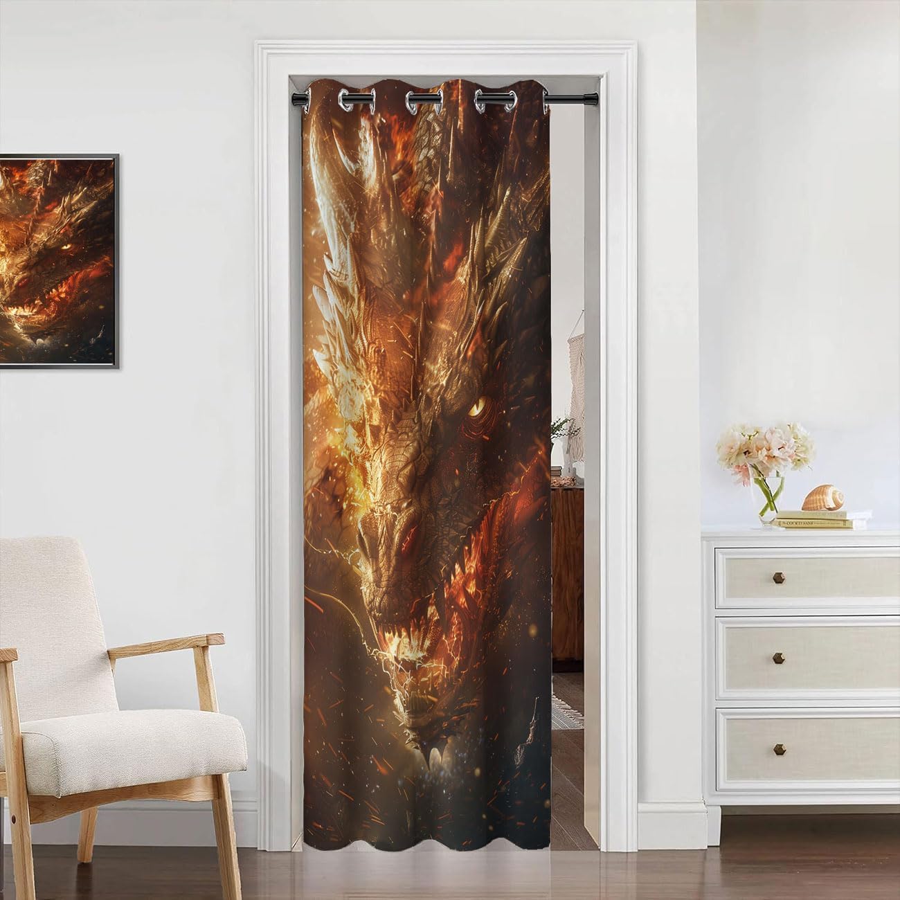 Magic Dragon Doorway Curtain, Mythical Fantasy Animals Angry Dragon Room Darkening Blackout Curtain for Kids Boys Girls Teens Room Decor 1 Panel 34" W X 80" L