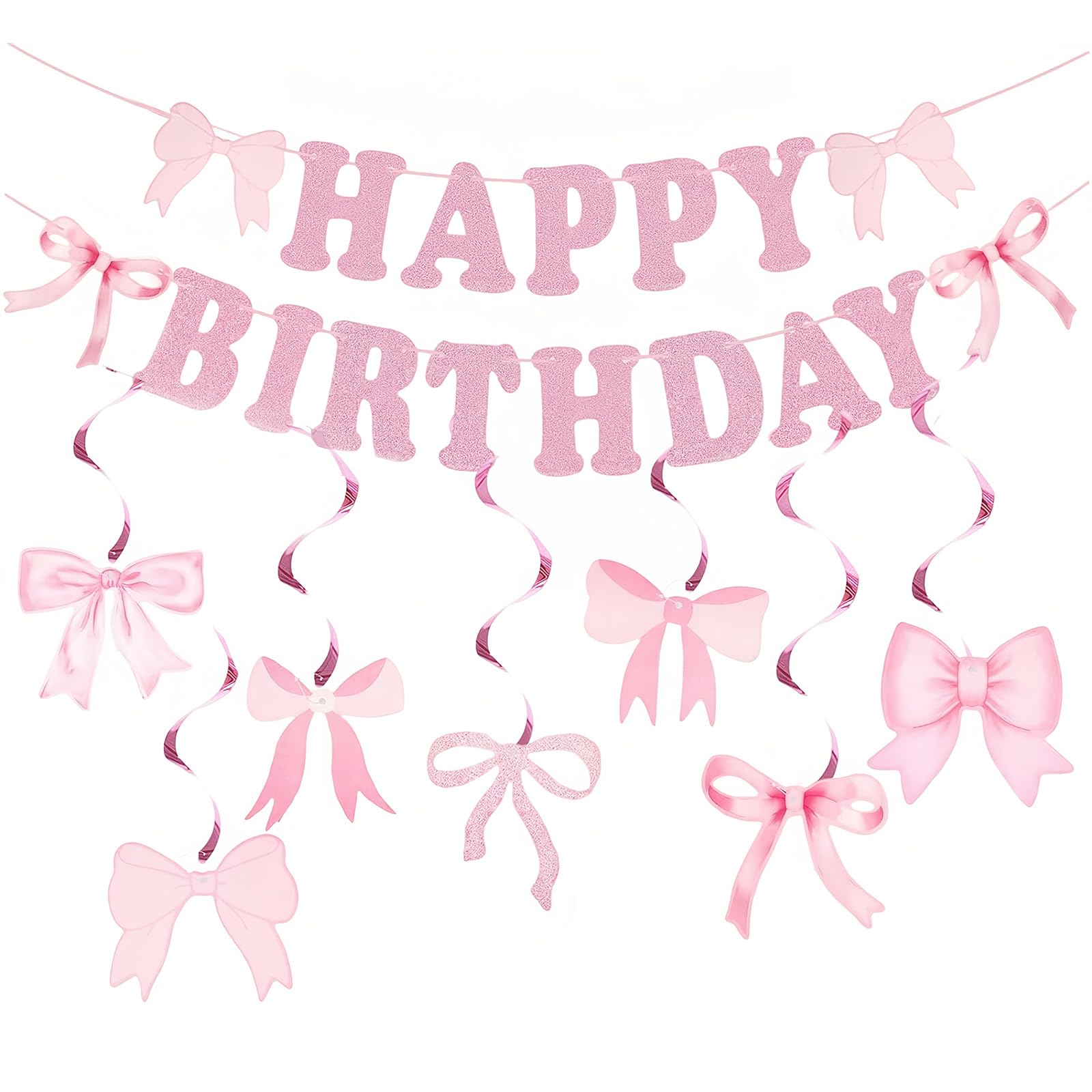 24 Pcs Bow Birthday Party Decoration, Bow Happy Birthday Banner, Bows Hanging Swirls Decoration, for Girls, Woman, Baby Shower, Pink