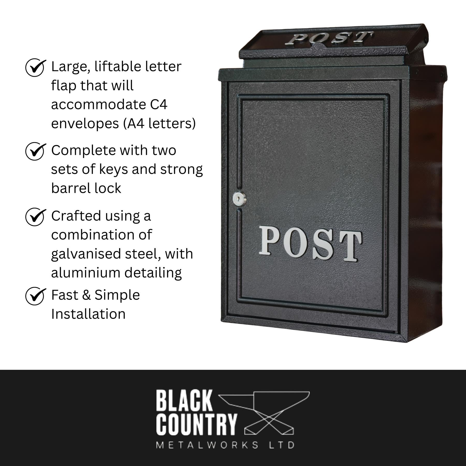 Black "Oxford" Wall Mounted Post Box with Silver Text - Image 9