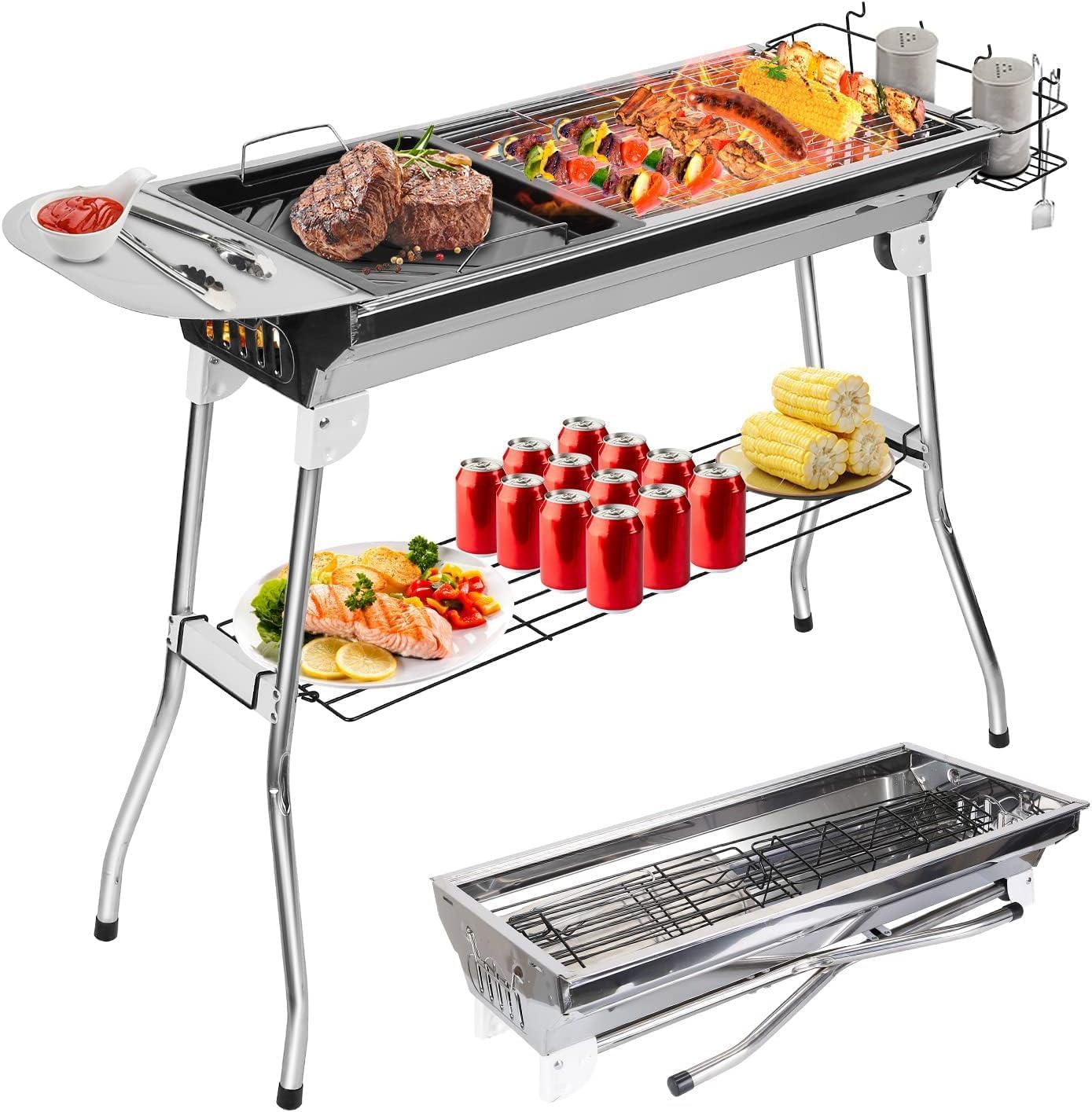 Charcoal Grills,Stainless Steel Folding Portable BBQ Grill Large Charcoal Grill for Garden Backyard Party Picnic Travel Outdoor Cooking Use With Non-Stick Frying Pan