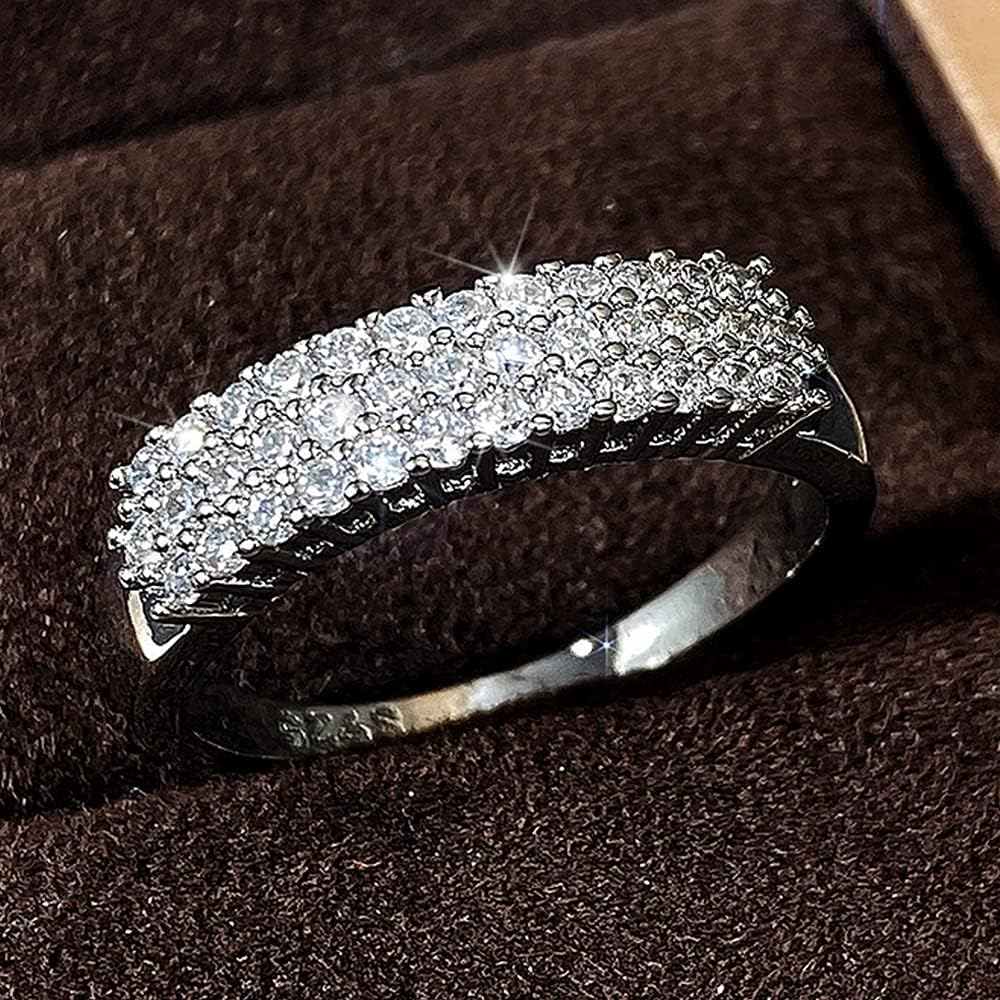 925 Sterling Silver Shiny Full Diamond Gemstone Ring Cubic Zirconia Rings CZ Diamond Multi Row Ring Eternity Engagement Wedding Band Ring for Women (US Code 9) - Image 2