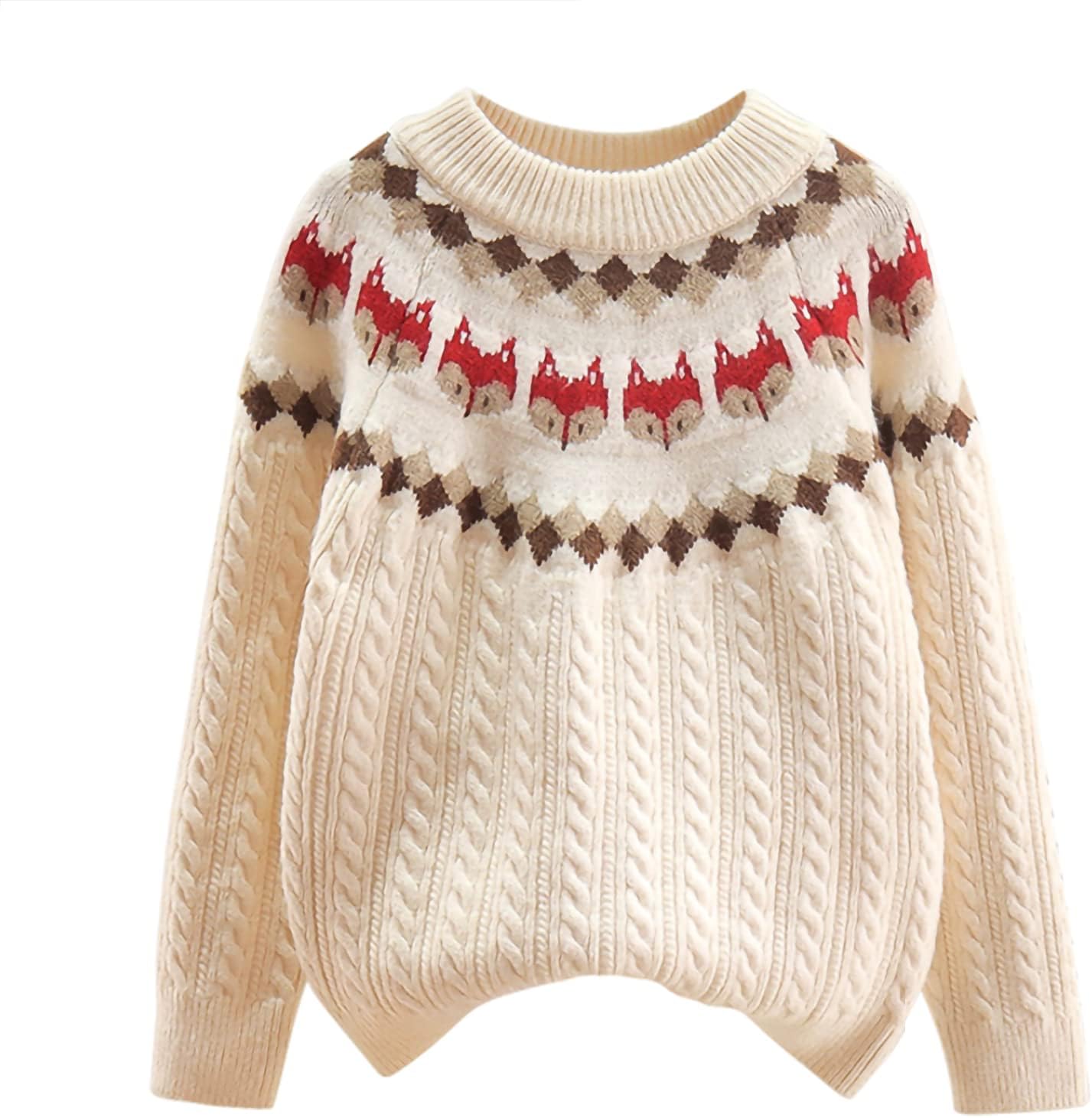 Kids Girls Vintage Cable Knit Sweater Toddler Cute Fox Pattern Thicken Warm Twist Knitted Crewneck Pullover Outerwear