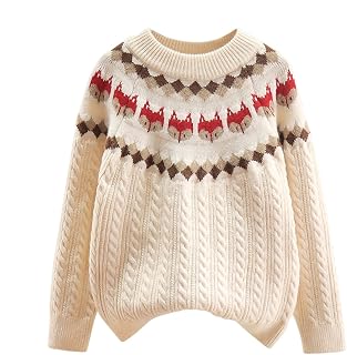 Kids Girls Vintage Cable Knit Sweater Toddler Cute Fox Pattern Thicken Warm Twist Knitted Crewneck Pullover Outerwear
