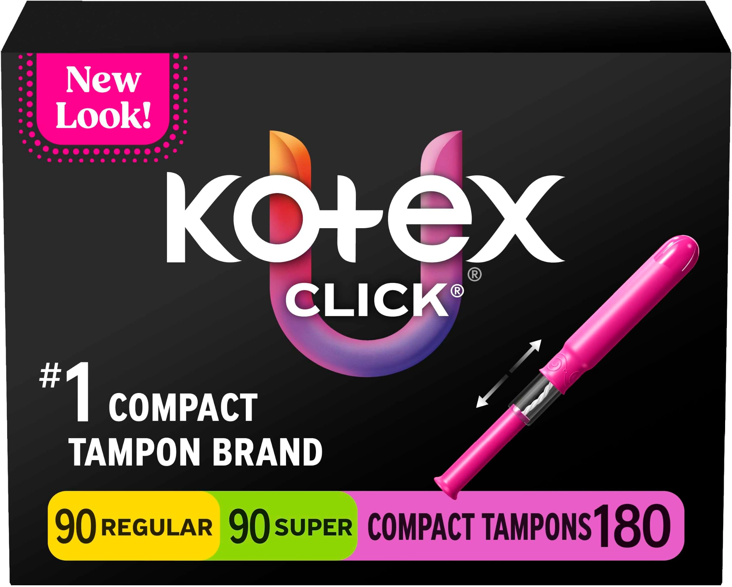 U by Kotex Click Compact Tampons, Multipack, Regular/Super, Unscented, 180 Count (6 Packs of 30) (Packaging May Vary)