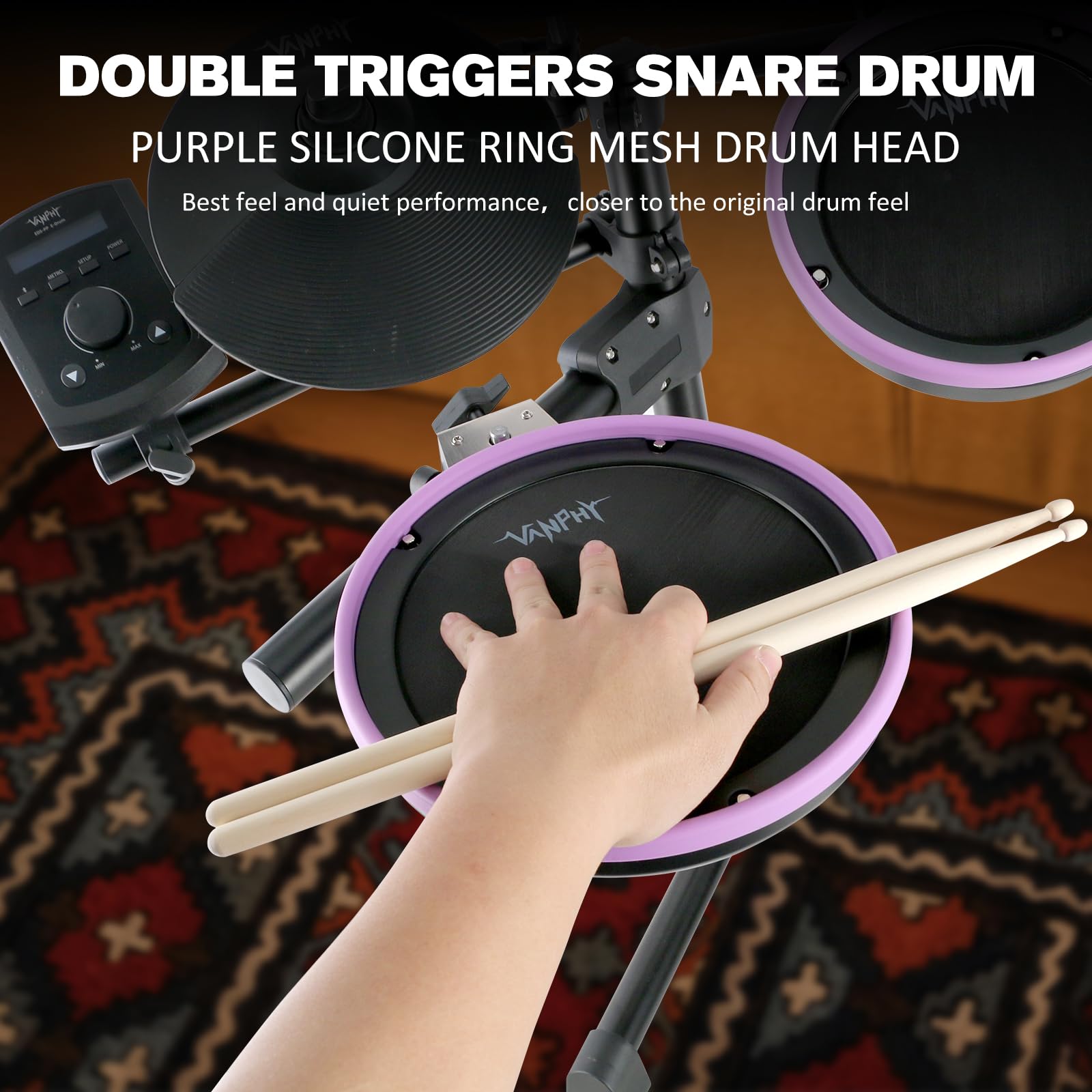 Elektrisches Schlagzeug-Set, elektronisches Schlagzeug-Set für Anfänger, elektrische Trommeln mit leisen Mesh-Pads, 20 Schlagzeug-Set, 350 Sounds 2 Pedale, Bluetooth-Sticks, Schlagzeughocker