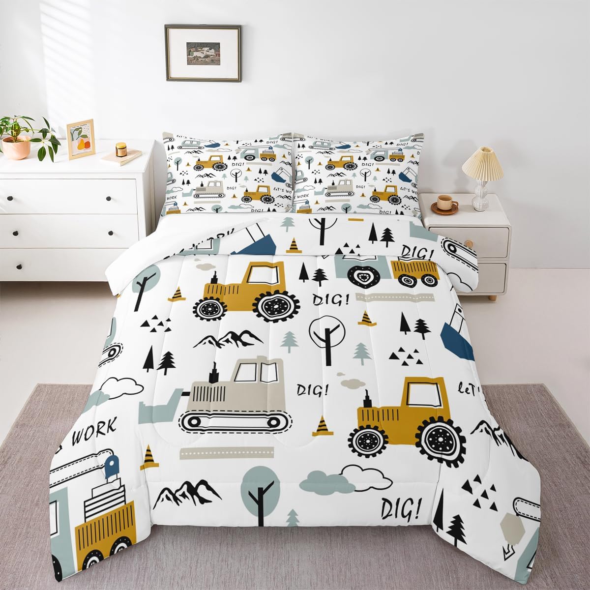 Feelyou Cartoon Car Kids Comforter Set Construction Bedding Set for Boys Toddler Decor Equipment Trucks Comforter Cartoon Car Excavator Tractor White Yellow Duvet Set 2Pcs Twin with 1 Pillow Case - Image 4