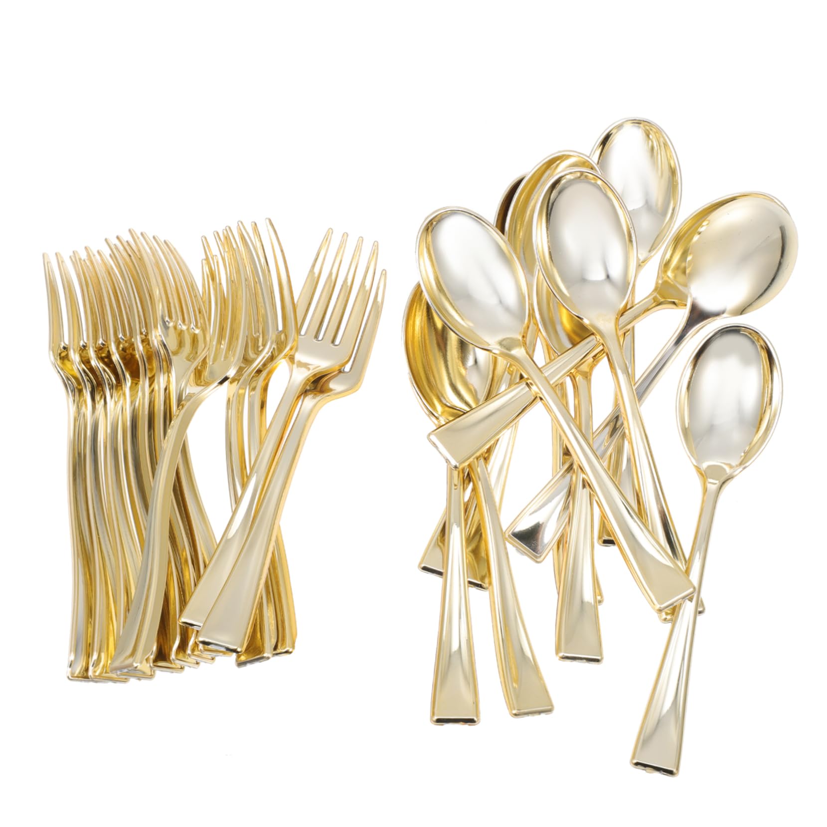 HOLIDYOYO Gold Dessert Spoon Fork Set 24pc Mini Cutlery Easy to Clean Comfortable Handle Disposable Party Supplies