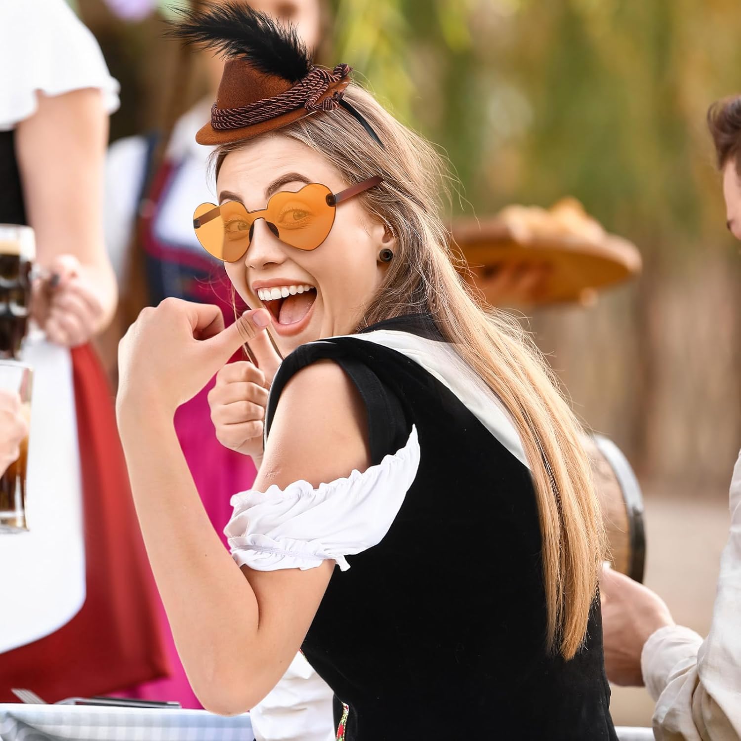 Mepase 4 Pcs Women Oktoberfest Costume Set Include Oktoberfest Dress German Mini Headband Cotton Sock Heart Sunglasses - Image 4