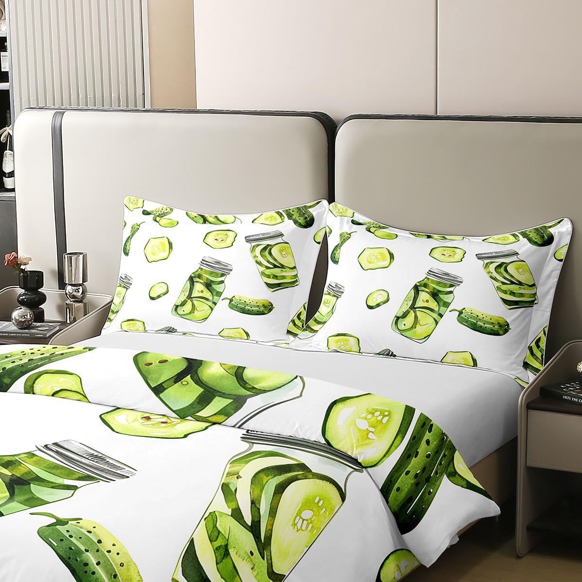 Pickles Cucumber Print 100% Cotton Duvet Cover Queen Size for,Pickles Bottle Bedding Set 3Pcs Teens Youth Room Decor,Watercolor Cucumber Slices Comforter Cover White Green Quilt Cover,2 Pillowcases image 4