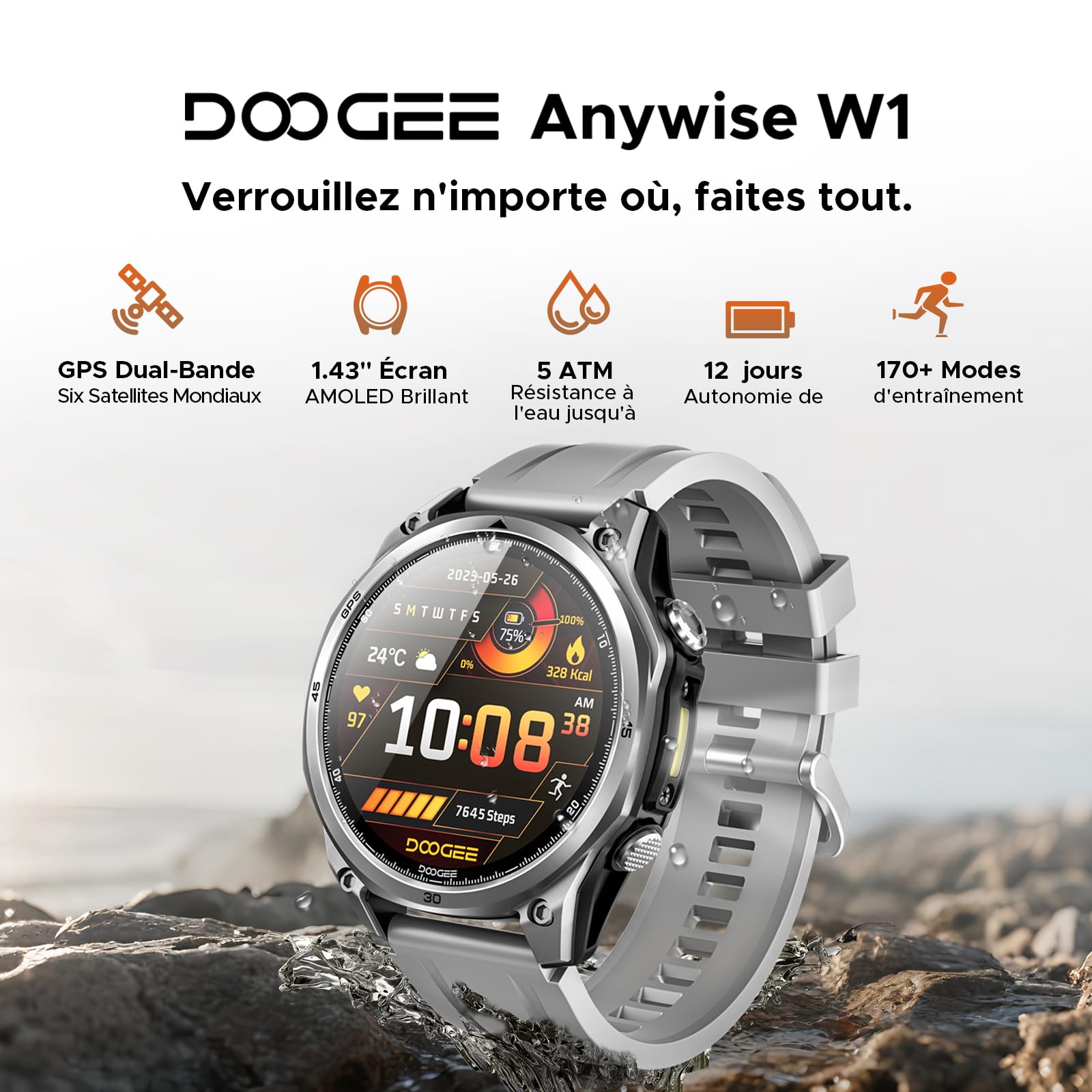 Anywise W1 AI Montre Connectée Homme, 5ATM Dual-Band GPS Tactical Watch,1,43'' AMOLED Screen, 170+ Modes Sport, Appel Bluetooth,18 Days Battery,LED Flashlight,Compass,pour Android/iOS, 3 Strap