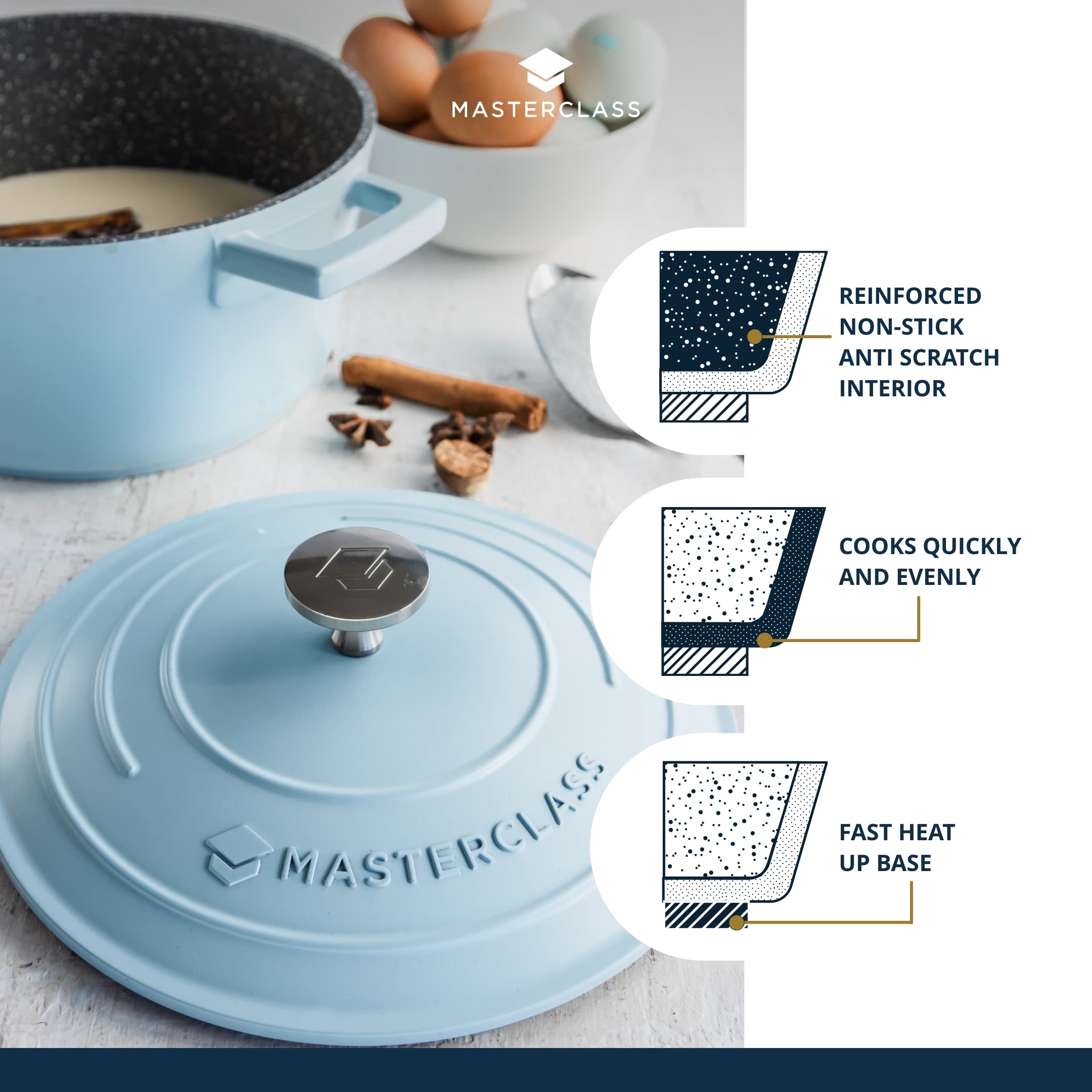 MasterClass Small Casserole Dish with Lid 2.5L/20 cm, Lightweight Cast Aluminium, Induction Hob and Oven Safe, Sky Blue - Image 4