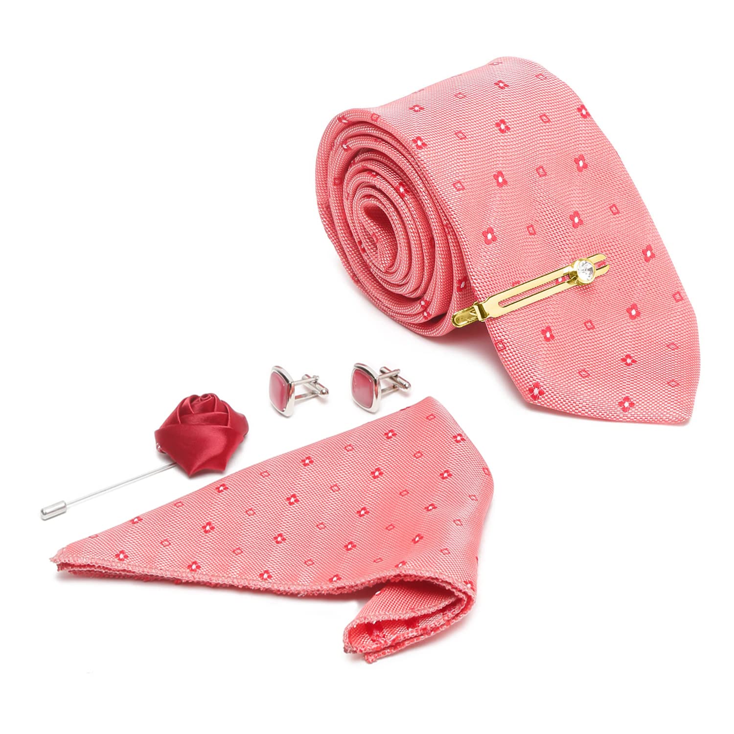 Mens Peach Italian Silk Necktie Set Incl Pocket Square Cufflinks Golden Tiepin Brooch American Style Formal Tie Gift Set for Men (TEPEGP)-image-48