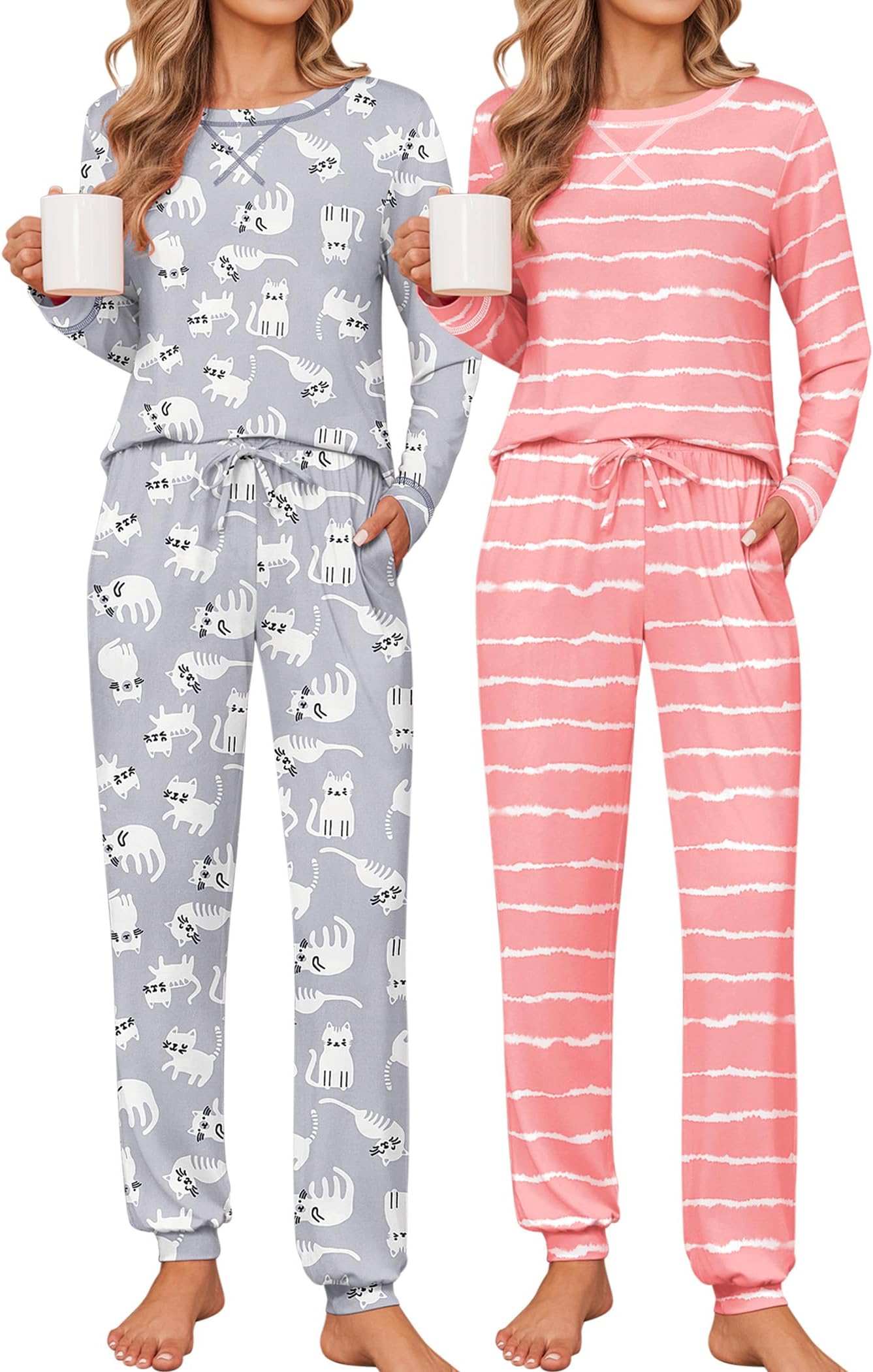 - 2 Pack Pajama Sets for Womens Jogger Pants Pjs Long Sleeves Lounge Set Soft Sleepwear with Pockets