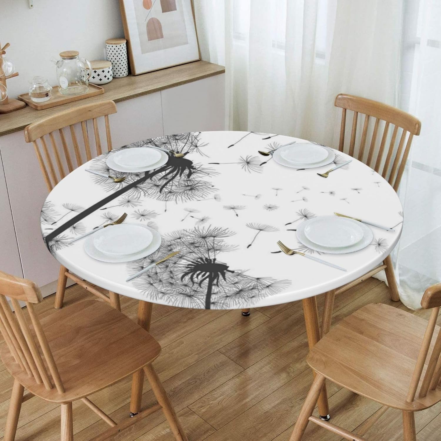 Round Picnic Tablecloth, Waterproof Elastic Fitted Table Covers, Vintage Classic Dandelions Flowers Artwork Prints Table Covers for Dining, Camping Indoor and Outdoor (45”-50” Round Tight Fit)