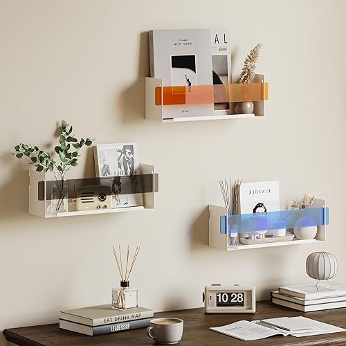 Moderno estante flotante de metal de 3 piezas, estantes montados en la pared con paneles acrílicos, baño, dormitorio, sala de estar, organizador