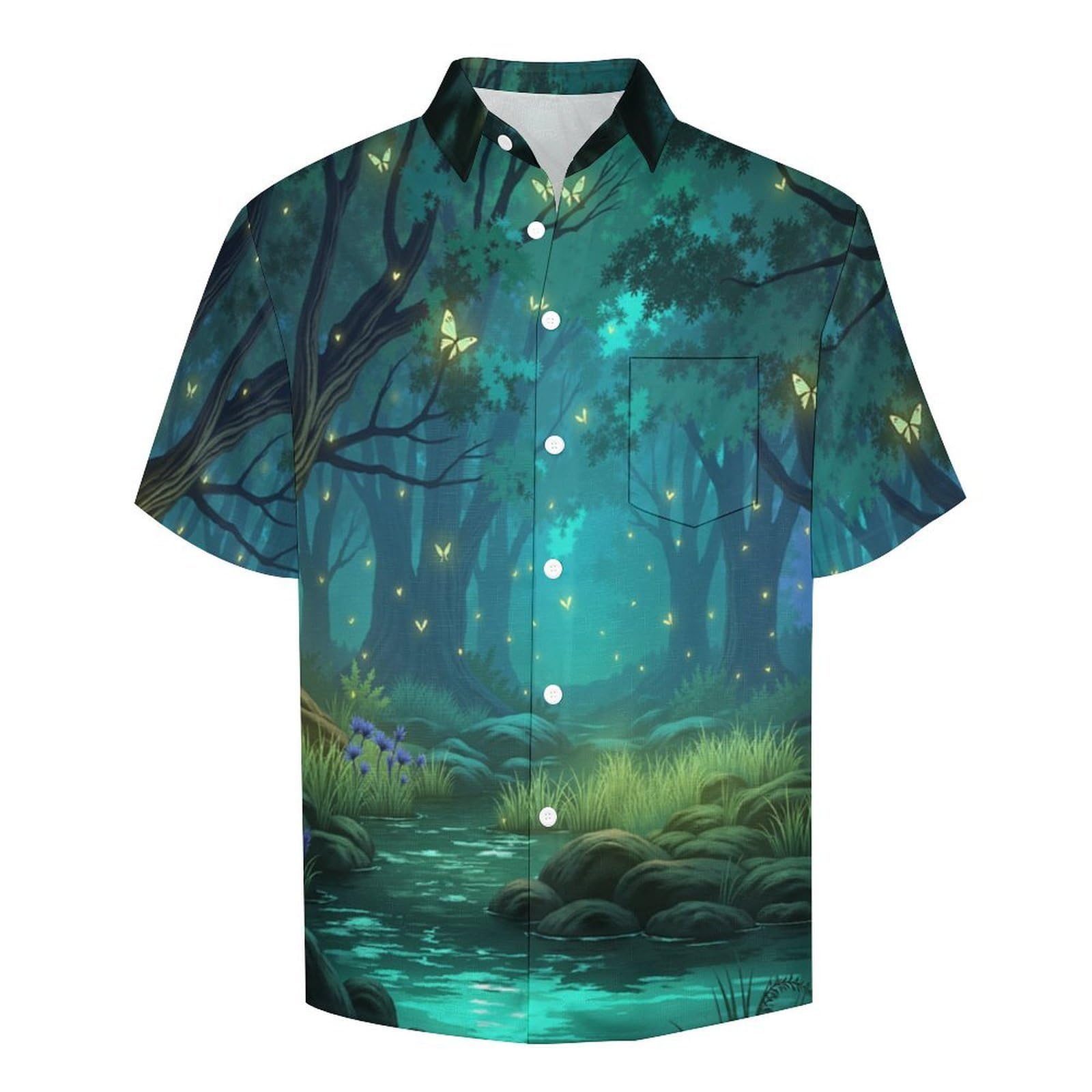 Camicie da Uomo a Maniche Corte con Stampa della Lucciole della Foresta Magia, Casual Leggere Bottoni Camicia con Tasca Frontale, per Vacanze Spiaggia Estate