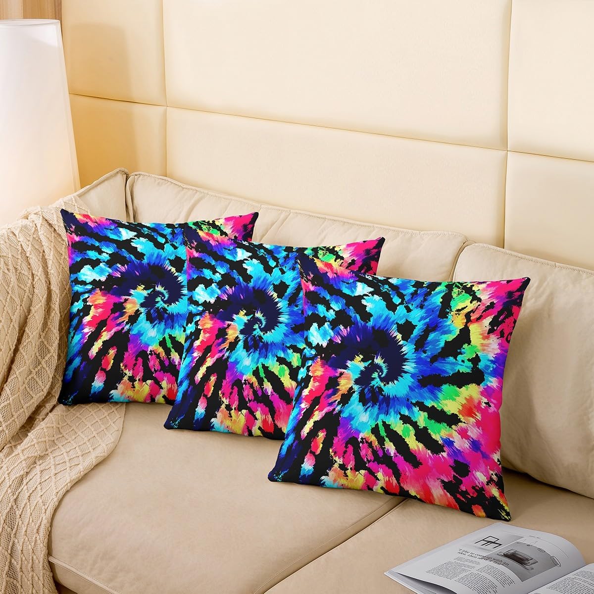 Erosebridal Bohemian Tie Dye Throw Pillow Covers 24x24, Hippie Spiral Soft Cushion Cases for Home Bed Sofa Couch, Boho Abstract Art Print Decorative Pillow Covers, Colorful Gypsy Trippy Pillow Covers