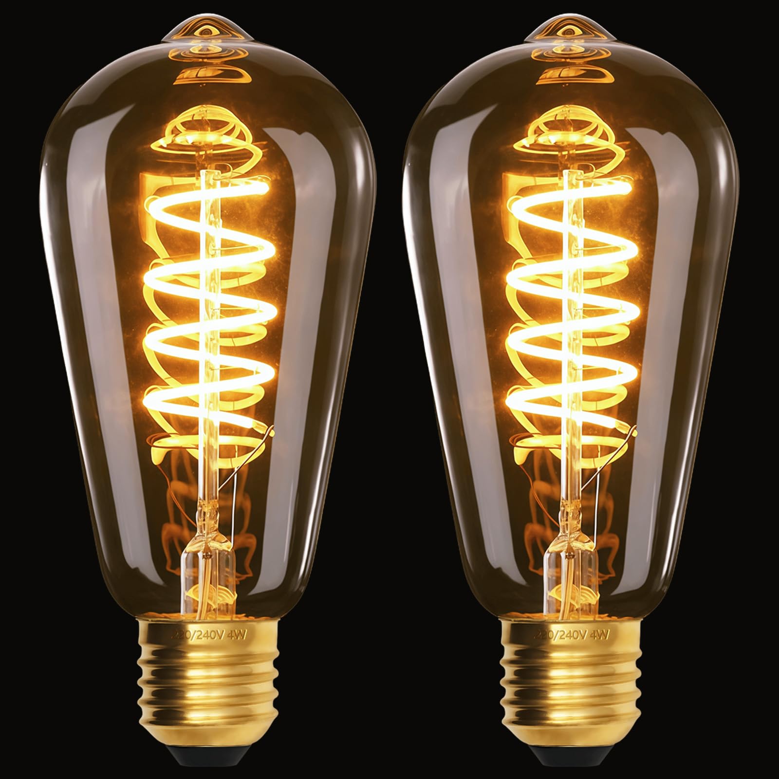 Terafeels 2 Pack E27 Vintage LED Light Bulbs, ST64, 4W, Spiral Filament, 2700K Warm White Glow, Amber Glass, Dimmable Edison Screw in Light Bulb