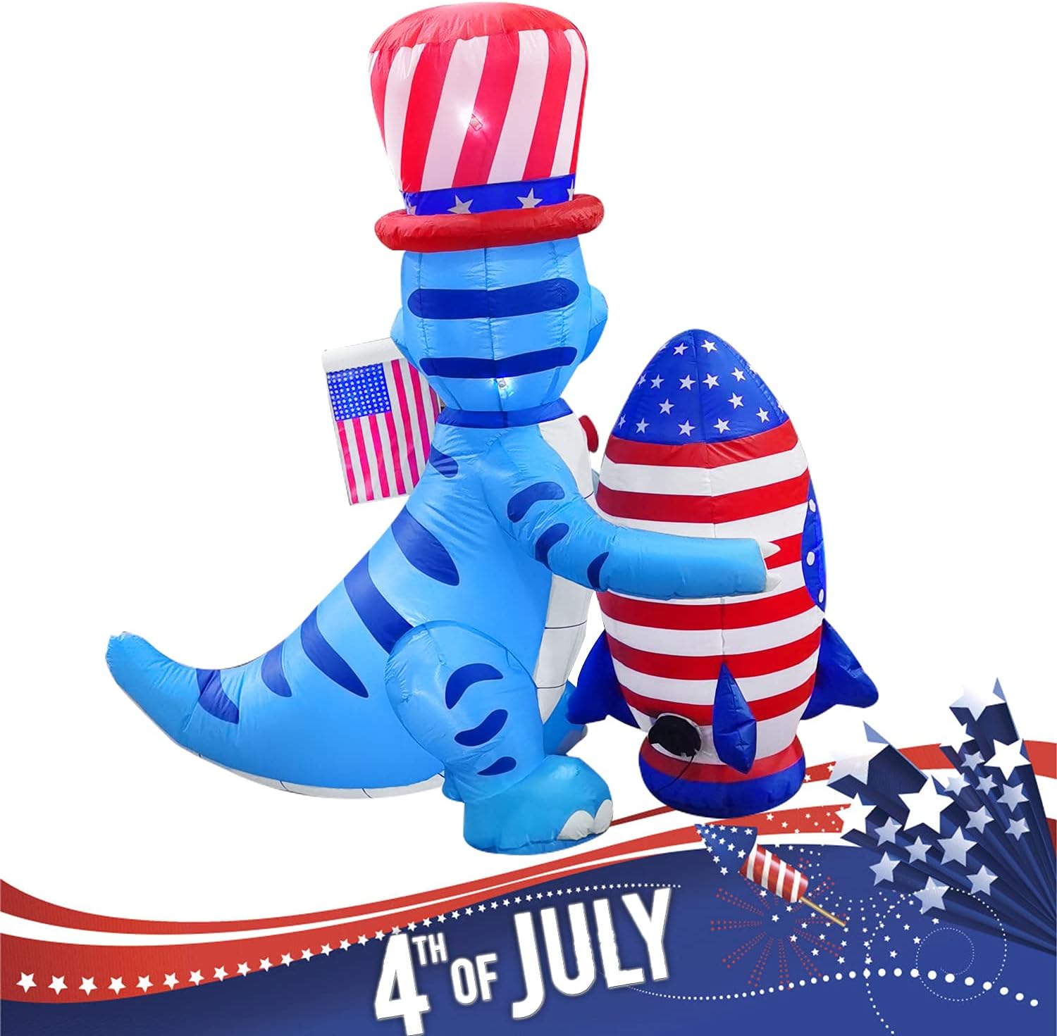 BLOWOUT FUN 5ft 4th of July Independent Dinosaur with Rocket and America Flag Decoration LED Blow Up Lighted Decor Indoor Outdoor Holiday Art Decor Decorations: Garden & Outdoor