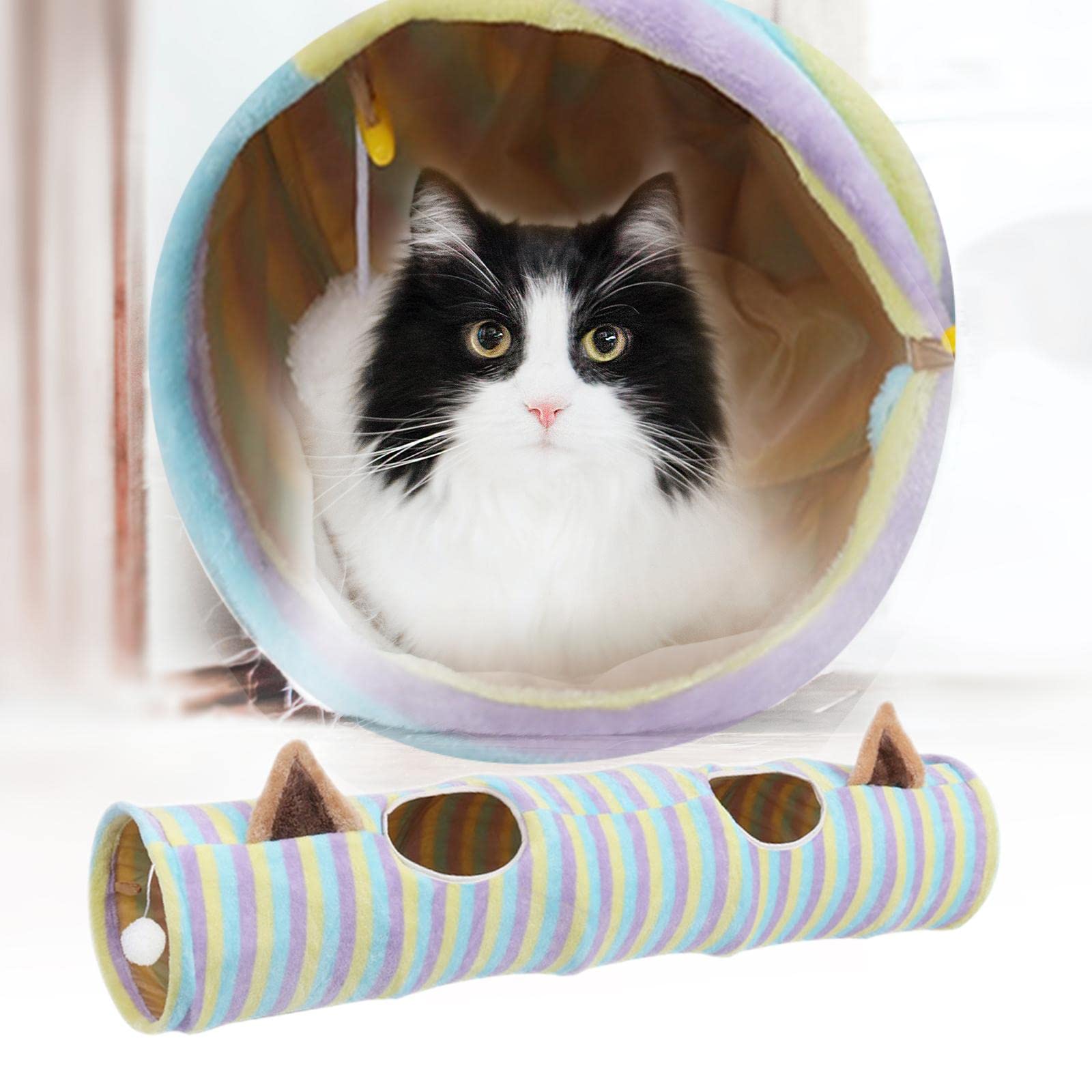 Katzentunnel Interaktives Katzen Kätzchen Spieltunnel Bett Aus Stoff mit Geräuschpapier Und Ball für Wohnung Training Spielen, Streifen