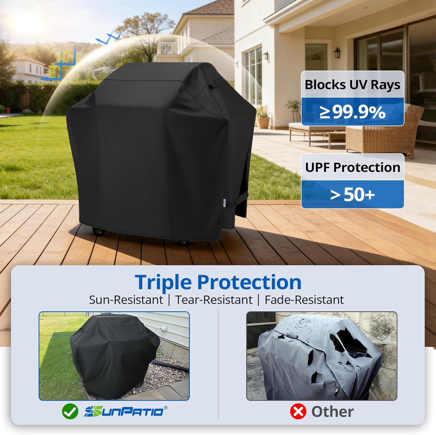 SunPatio Grill Cover 50 Inch, Outdoor Heavy Duty Waterproof Barbecue Gas Cover, UV & Fade Resistant, All Weather Protection Compatible for Weber CharBroil Kenmore Nexgrill Grills and More, Black - Image 4