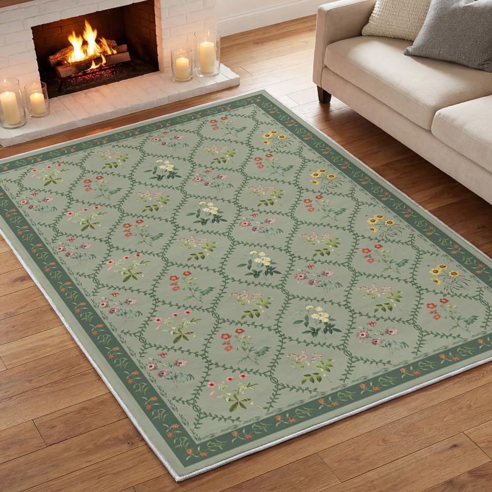 Artoid Mode Green Floral Geometric Modern Summer Area Rug, Spring Home Decor Low-Profile Washable Large Rug for Living Room Bedroom Farmhouse Dining Room Kids Playroom 5x7 Feet