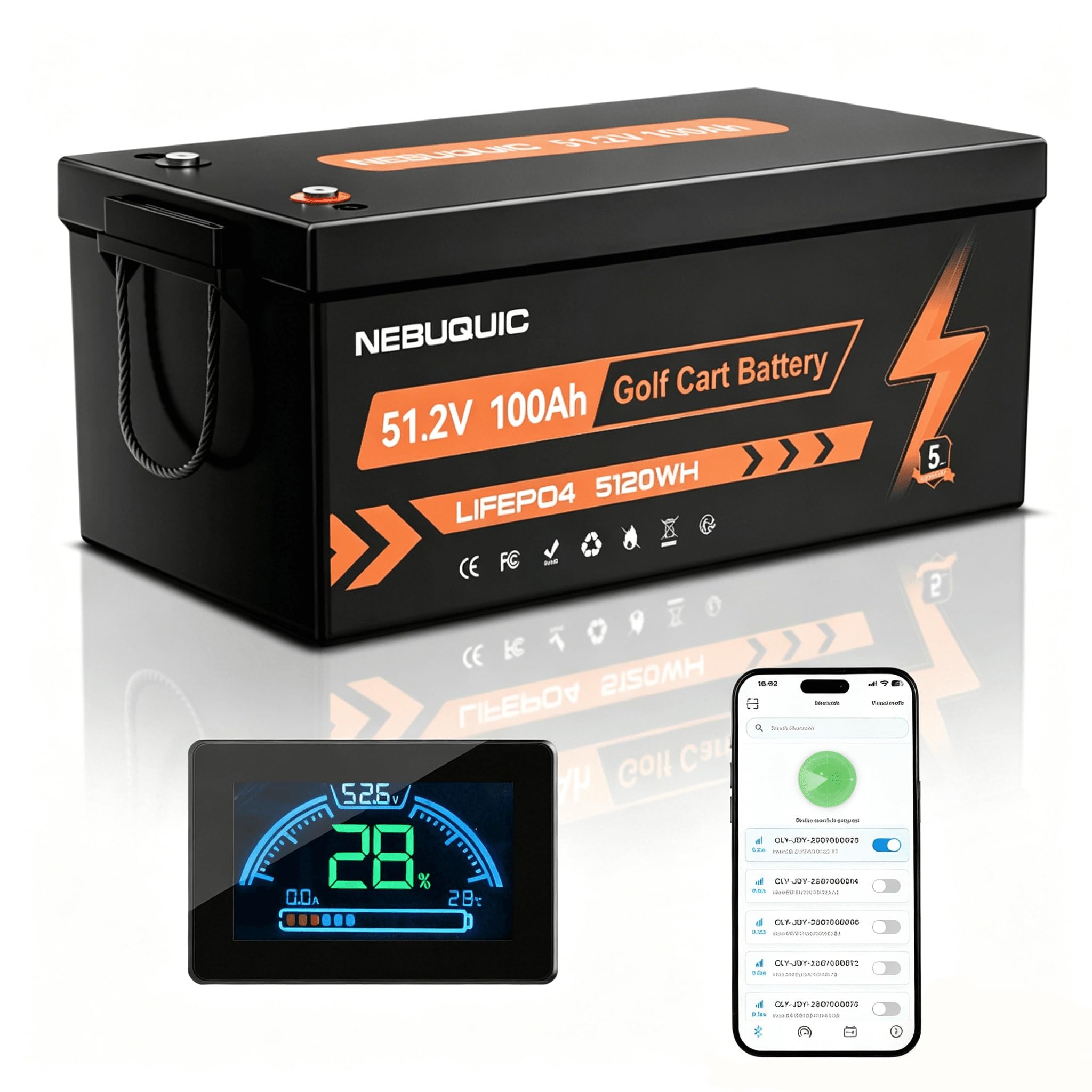 48V(51.2V) 100Ah LiFePO4 Lithium Battery for Golf Cart, 200A BMS 48 volt golf cart batteries with Bluetooth&amp;APP Function, LCD Monitor Display, Peak Current 800A
