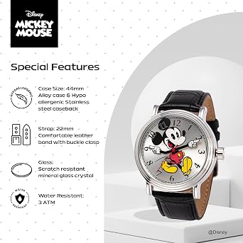 Disney Men's W001868 Mickey Mouse Silver-Tone Watch with Black Band