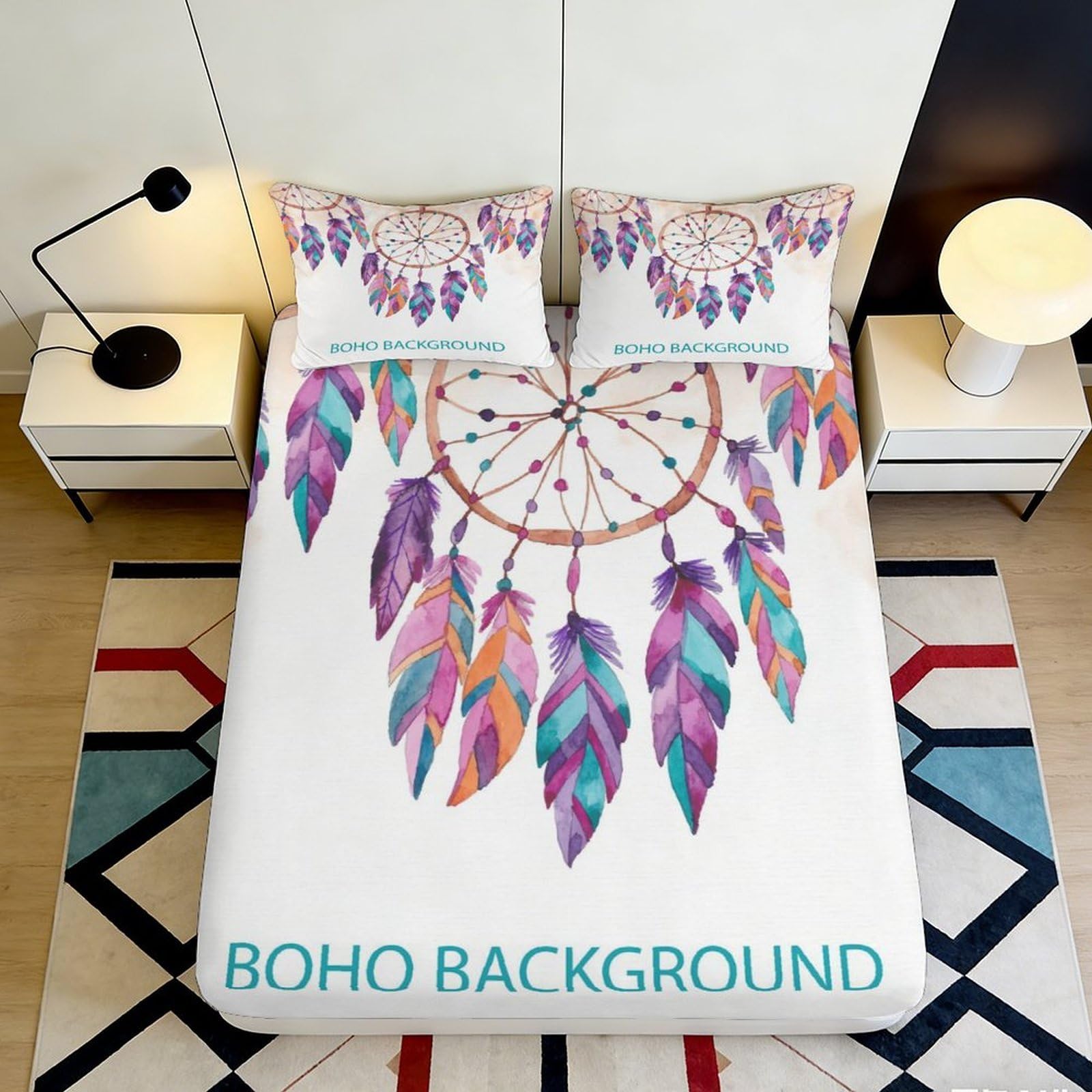 3D Printed Boho Dreamcatcher Fitted Sheet Microfiber Soft Breathable Feather Pattern Bed Cover for Bedroom Dormitory Guest Room Mattress Protection 140x200x25cm