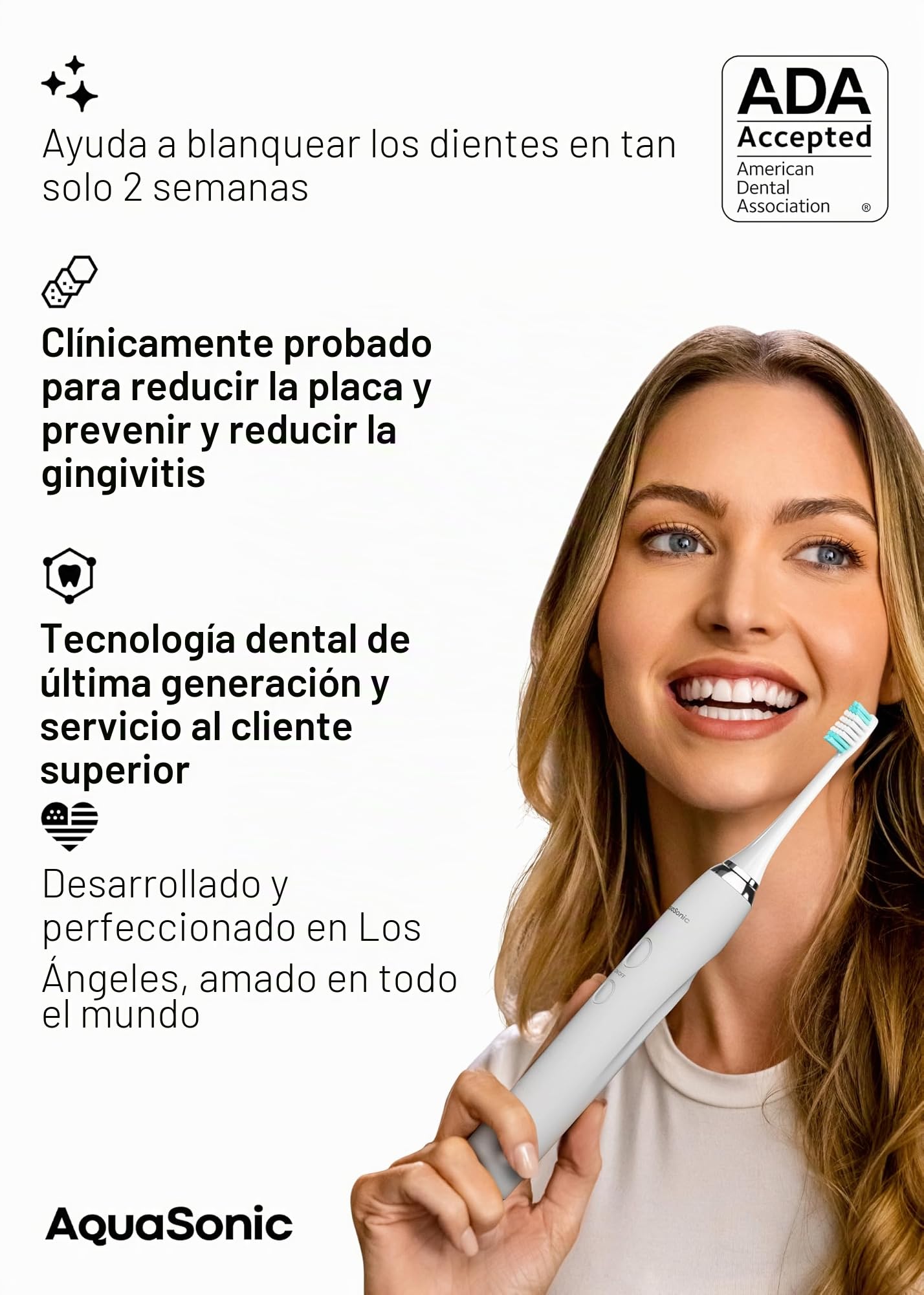 AquaSonic Vibe Series cepillo de dientes para un blanqueamiento extremo, aceptado por la ADA, con 8 cabezales y estuche viaje, motor ultrasónico carga inalámbrica, 4 modos temporizador inteligente
