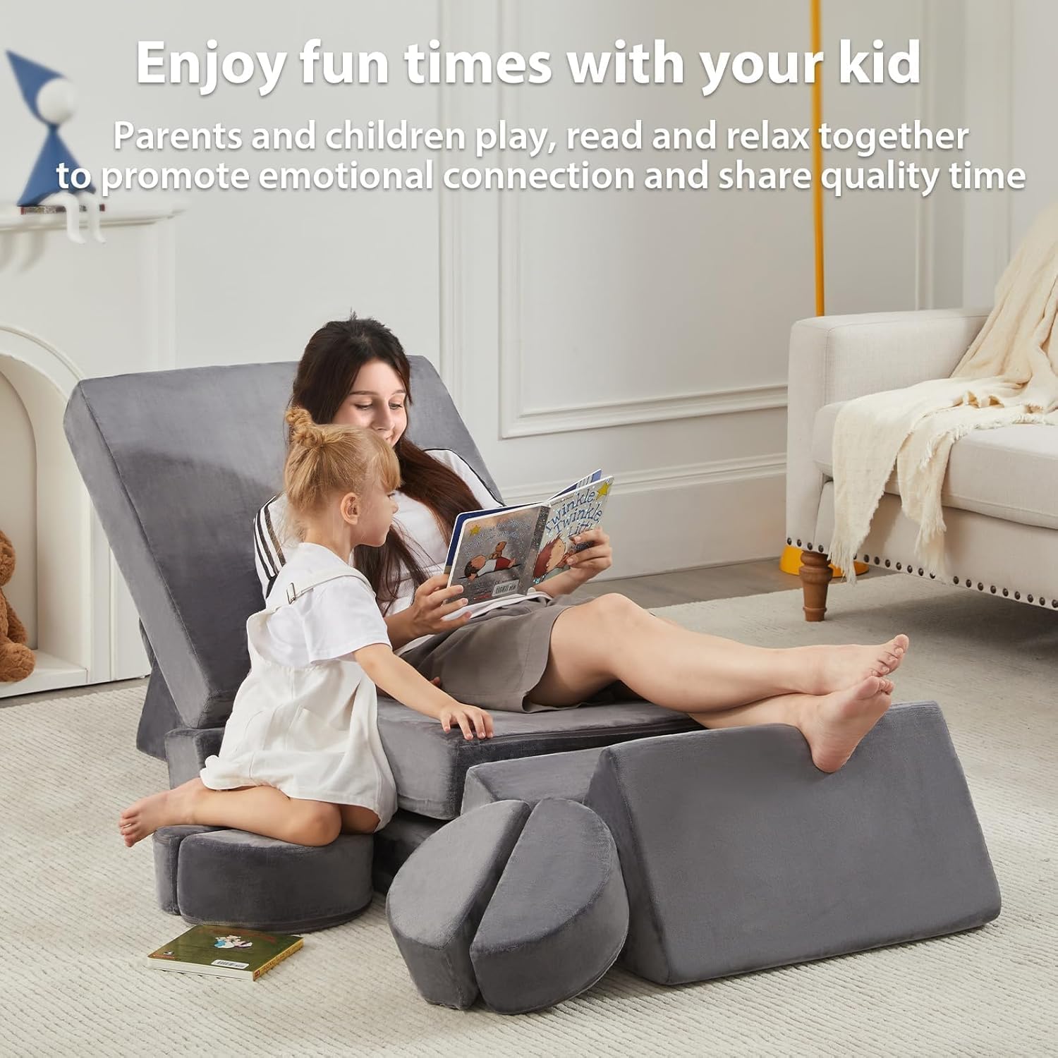 16PCS Kids Couch, Modular Kids Play Couch for Toddlers, 1000+DIY Convertible Kid Sofa for Playroom Bedroom Building Fort, Versatile Foam Kid Play Sofa for Child Boys & Girls Baby, Grey