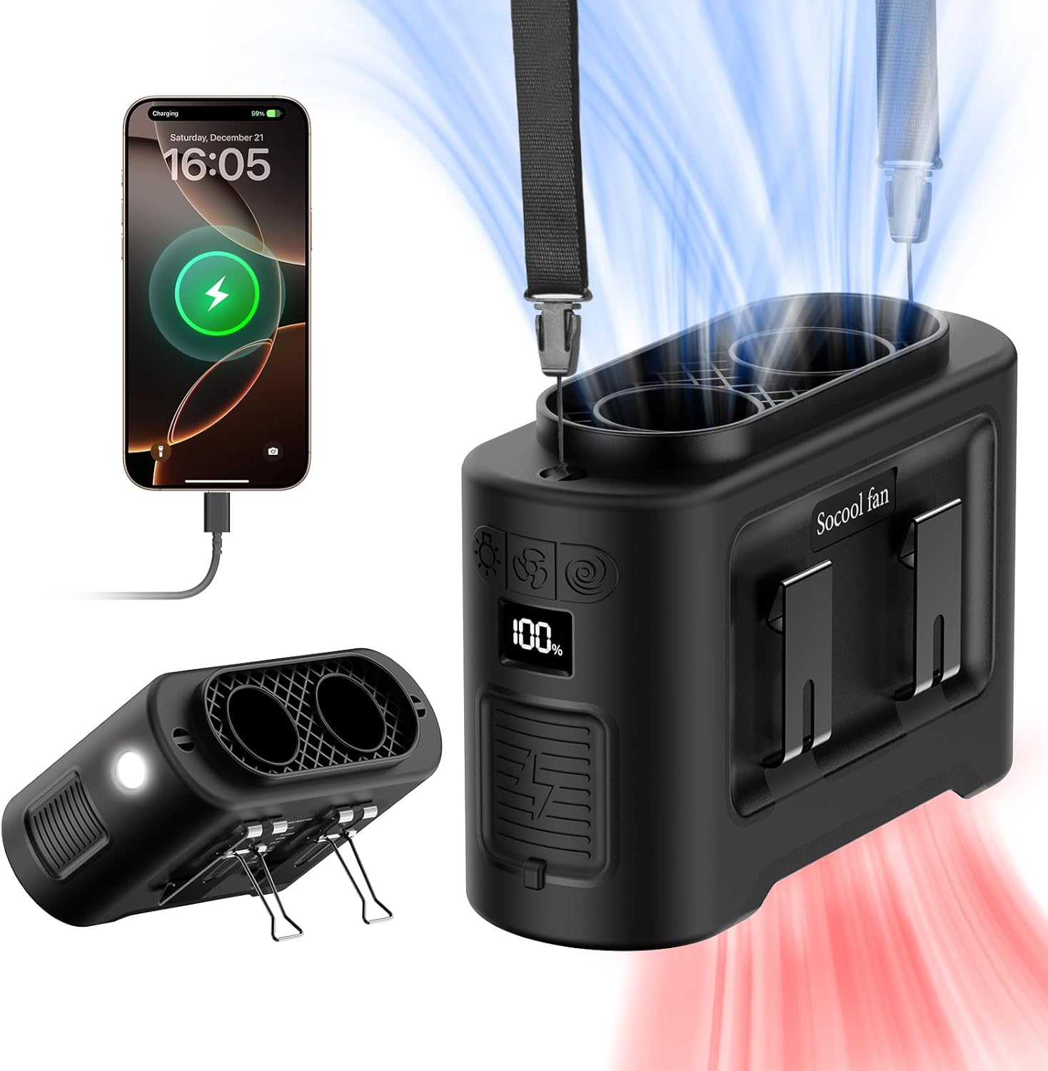 Socool 14500mAh Portable Waist Fan Clip On Wearable Belt Fan with 5 Speeds & Flashlight Hanging Neck Personal Fans 40 Hrs Long Lasting Cooling For Travel Outdoor Working