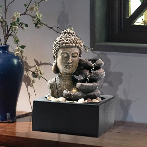 Miniatura 6 de Ferrisland Fuente de cascada de mesa para interiores, fuentes de agua de Buda de 4 niveles, cascada de mesa de meditación zen con luz LED cálida