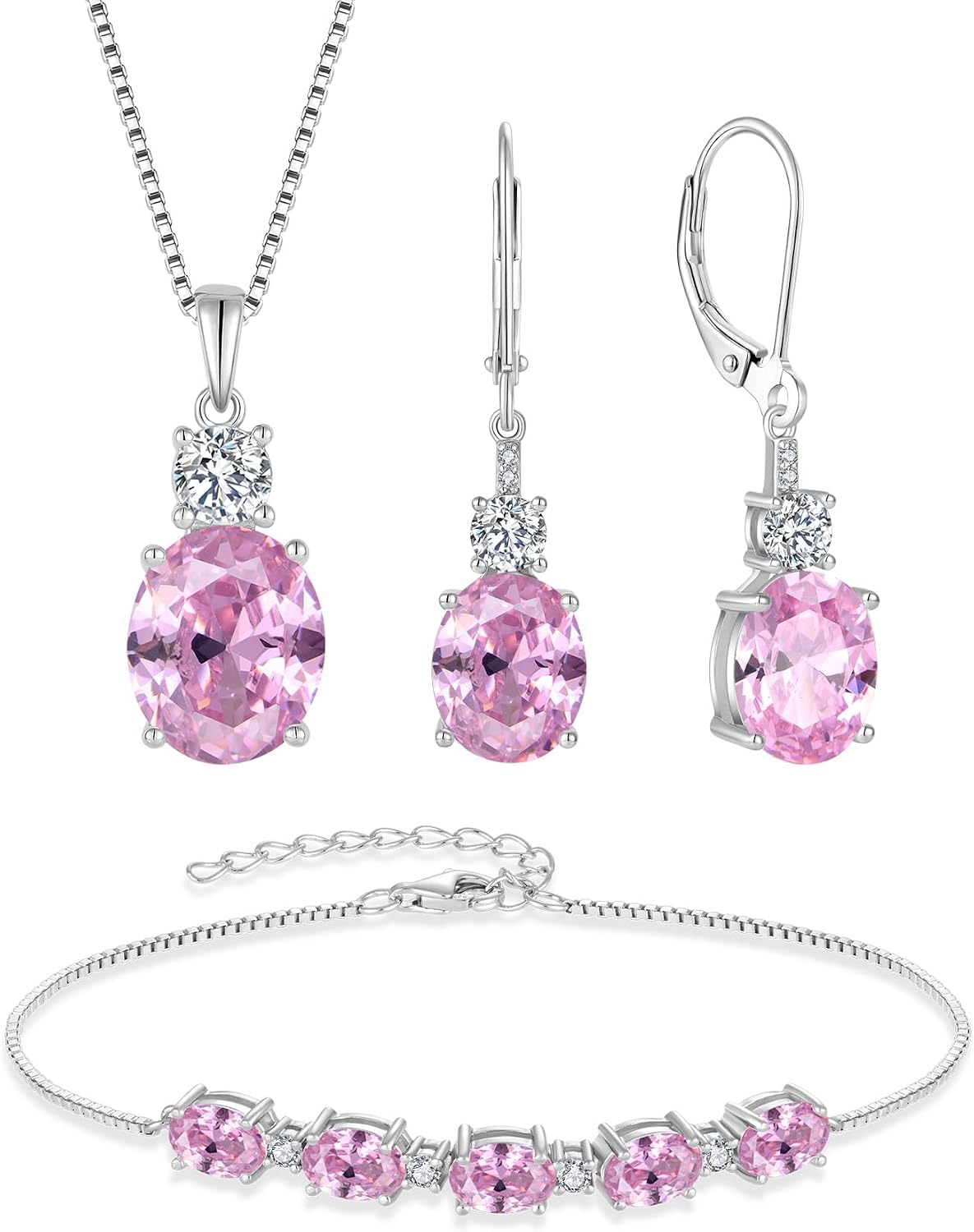 Pink Tourmaline Jewelry Set for Women 925 Sterling Silver Oval Cut Necklace Earrings Bracelet October Birthstone Jewelry for Her
