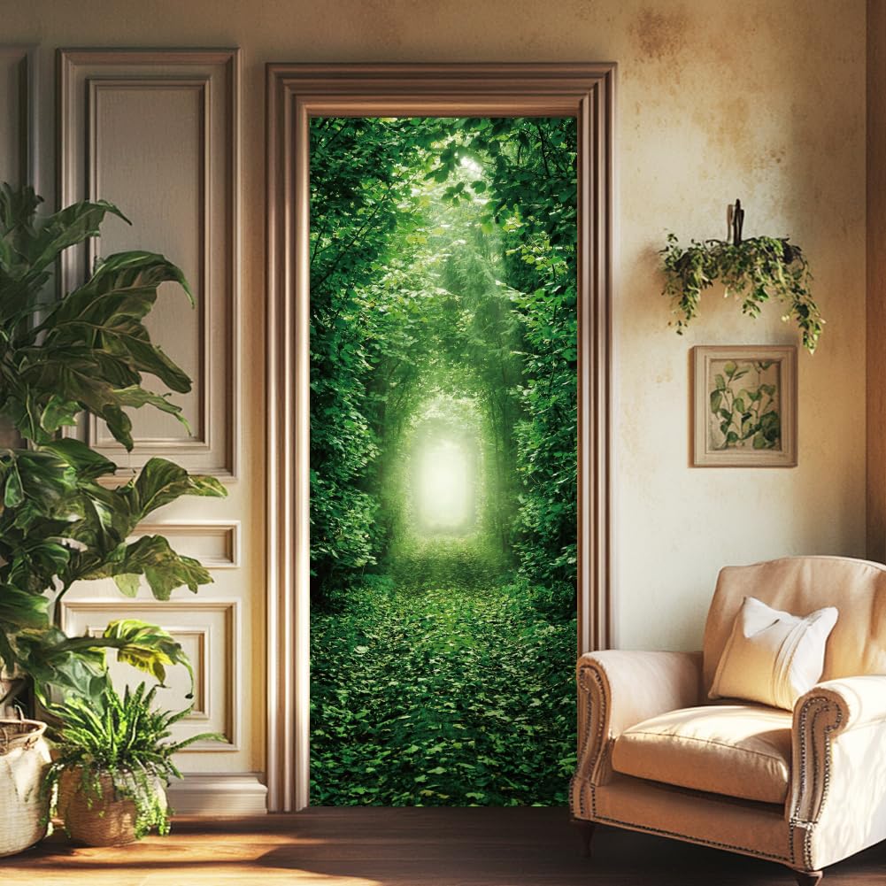 arricraft 2 Pcs 3D Self-Adhesive Door Sticker, 31.5"x78.7" Forest Tunnel Rabbit Hole Fairyland Green Forest Decorations Door Murals Stickers PVC Removable Wallpaper Decoration for Bedrooms Living Room