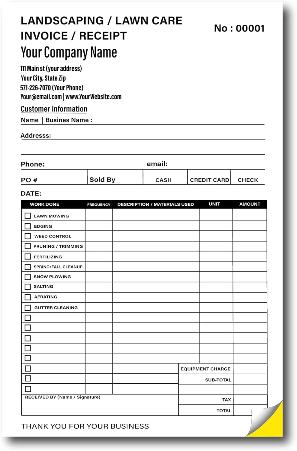 Lawn Care Invoice Form Custom Printed with Your Company Information - Personalized Landscaping Ticket - Invoice Receipt - Carbonless 2 Part NCR Form