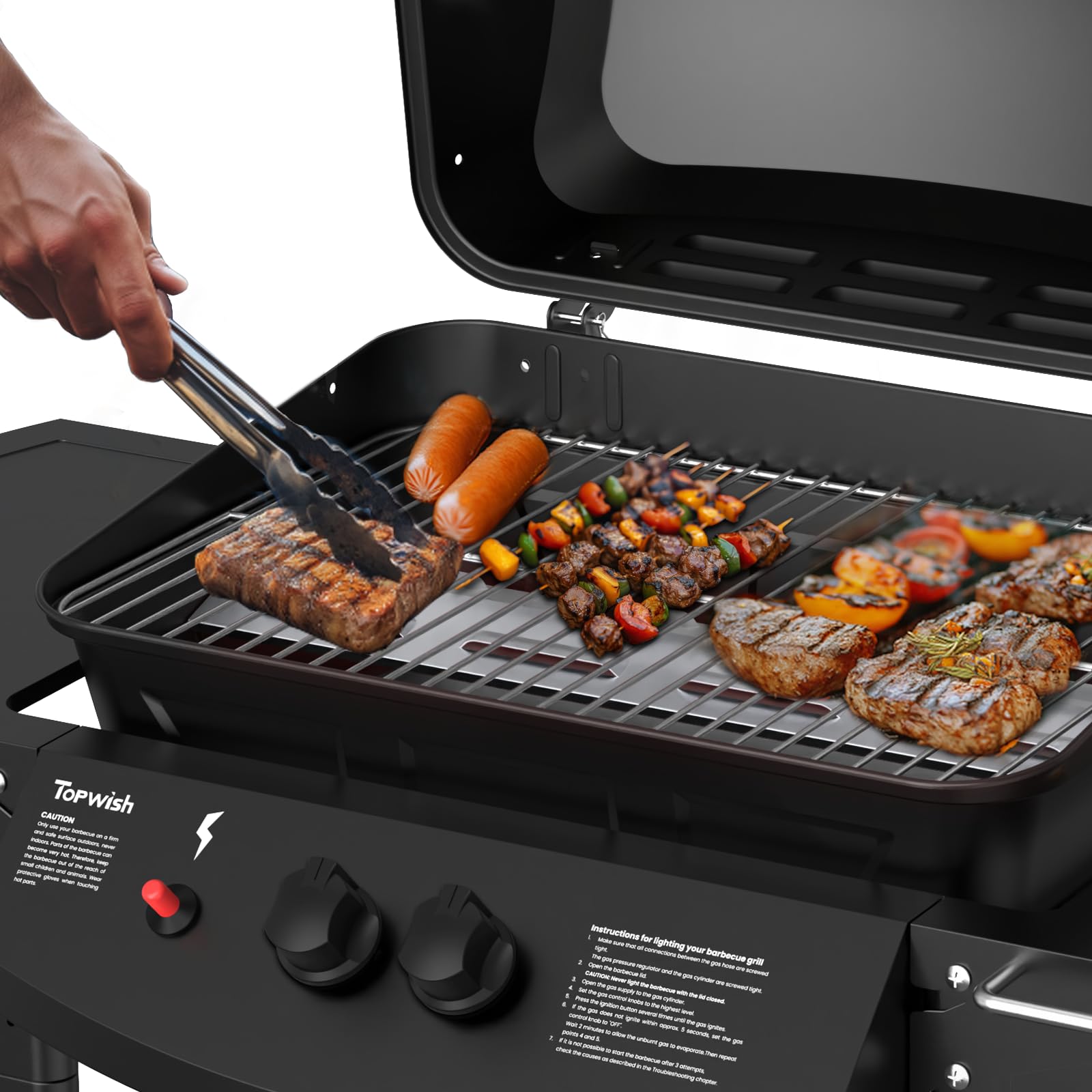 Topwish barbecue gaz, barbecues à gaz 2 brûleurs,plancha gaz exterieur,étagère rabattable en latéral, sur roulettes,6000W,106.44 * 55.6 * 103.85cm