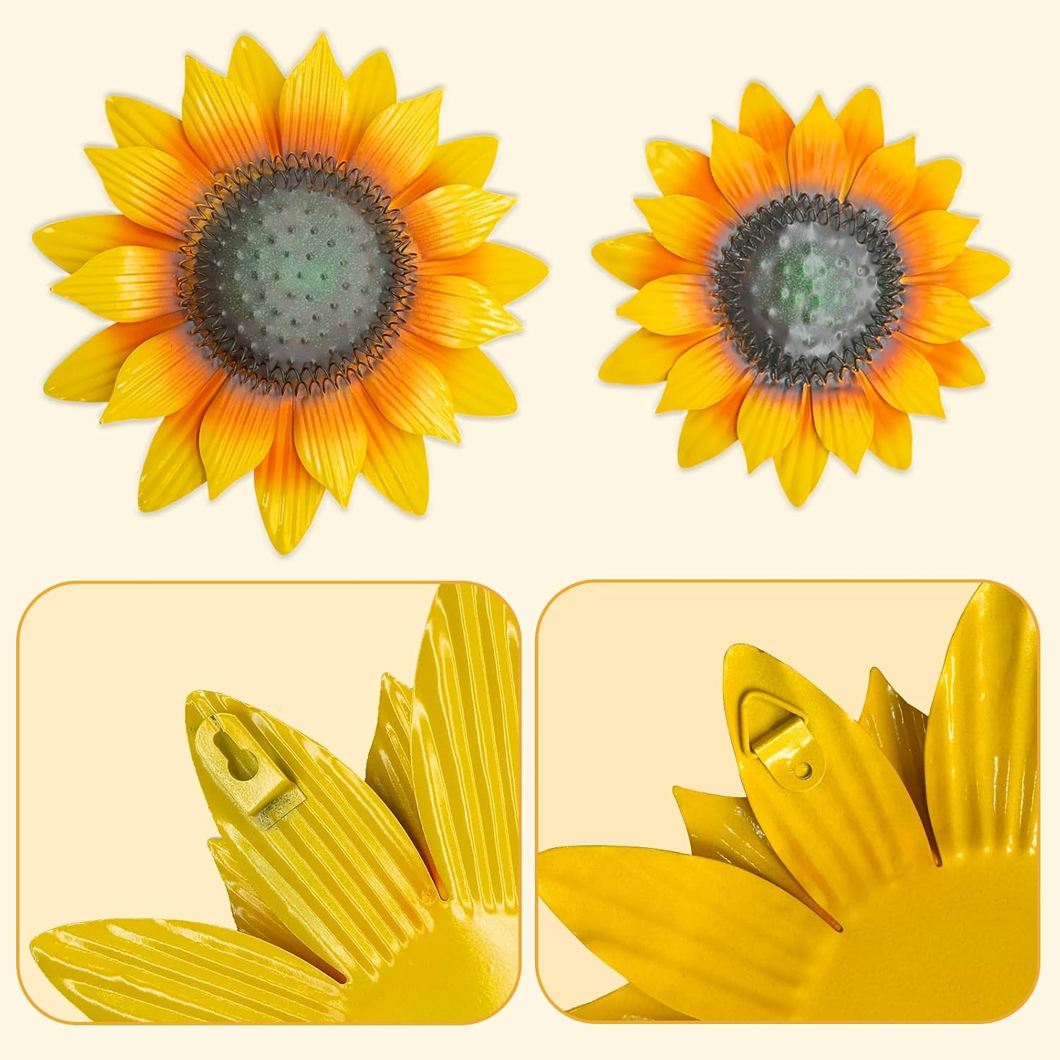 LWINGFLYER Metal Sunflower Wall Decor 12'' & 8" Assorted 3D Metal Wall Art for Sping Garden Fence Farmhouse Kitchen Bathroom Outdoor Indoor Decoration, Set of 3