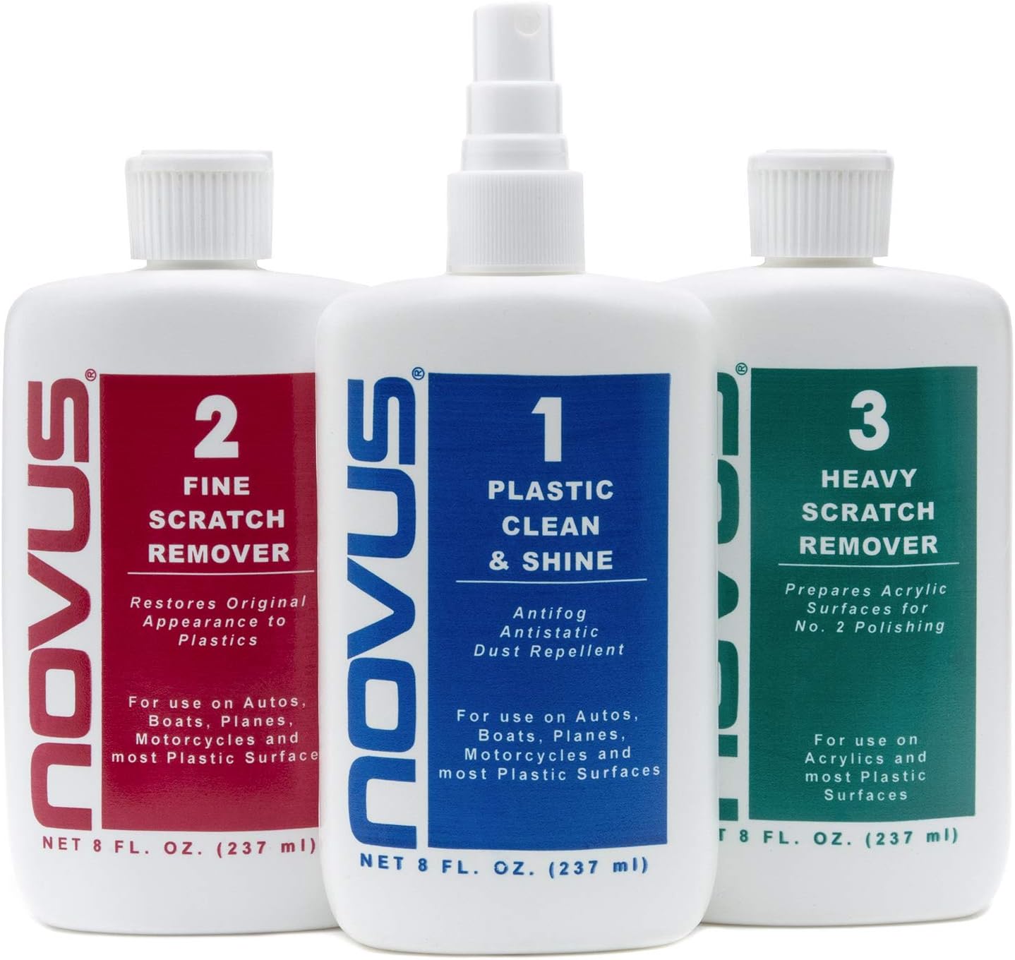 NOVUSPlastic Polish Bundle Plastic Polish & Cleaning Set | Plastic Clean & Shine #1, Fine Scratch Remover #2, Heavy Scratch Remover #3 | 8 Ounce Bottles