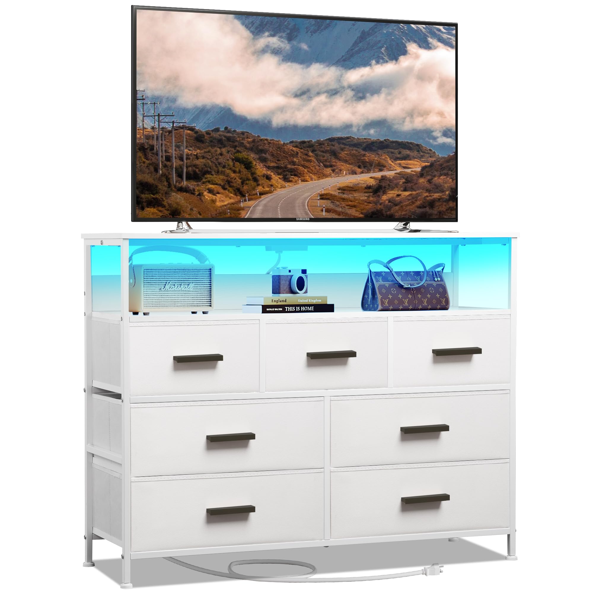 NASHZEN Dresser TV Stand with 7 Drawers, Dresser TV Stand with LED Lights & Power Outlets, Bedroom Dresser, Chest of Drawers up to 45'' Long TV, Wide Fabric Dresser with Open Shelf (White)