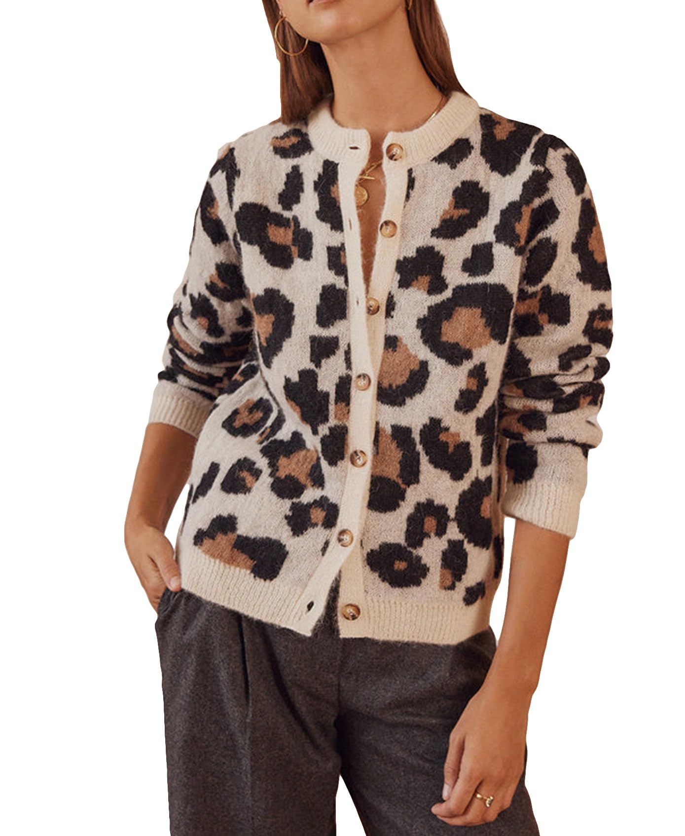 Womens Leopard Print Cardigans Open Front Button Down Long Sleeve Cheetah Print Knit Tops