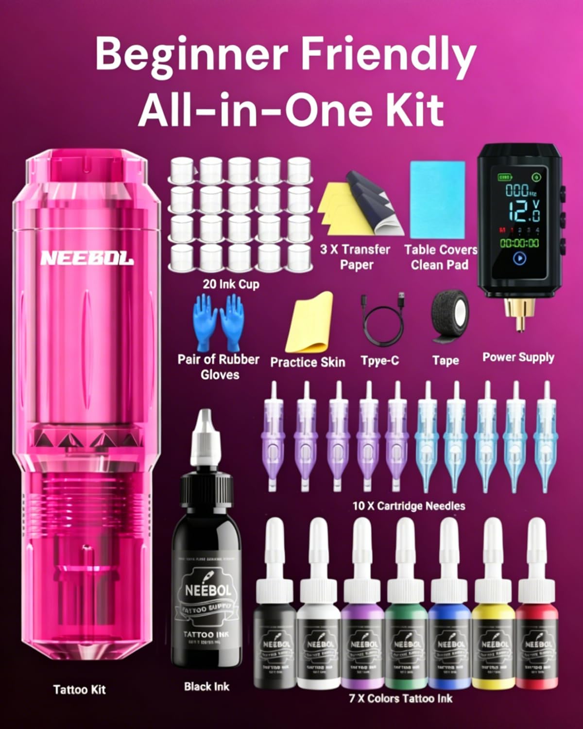 Neebol Wireless Tattoo Gun Kit for Beginners and Artists