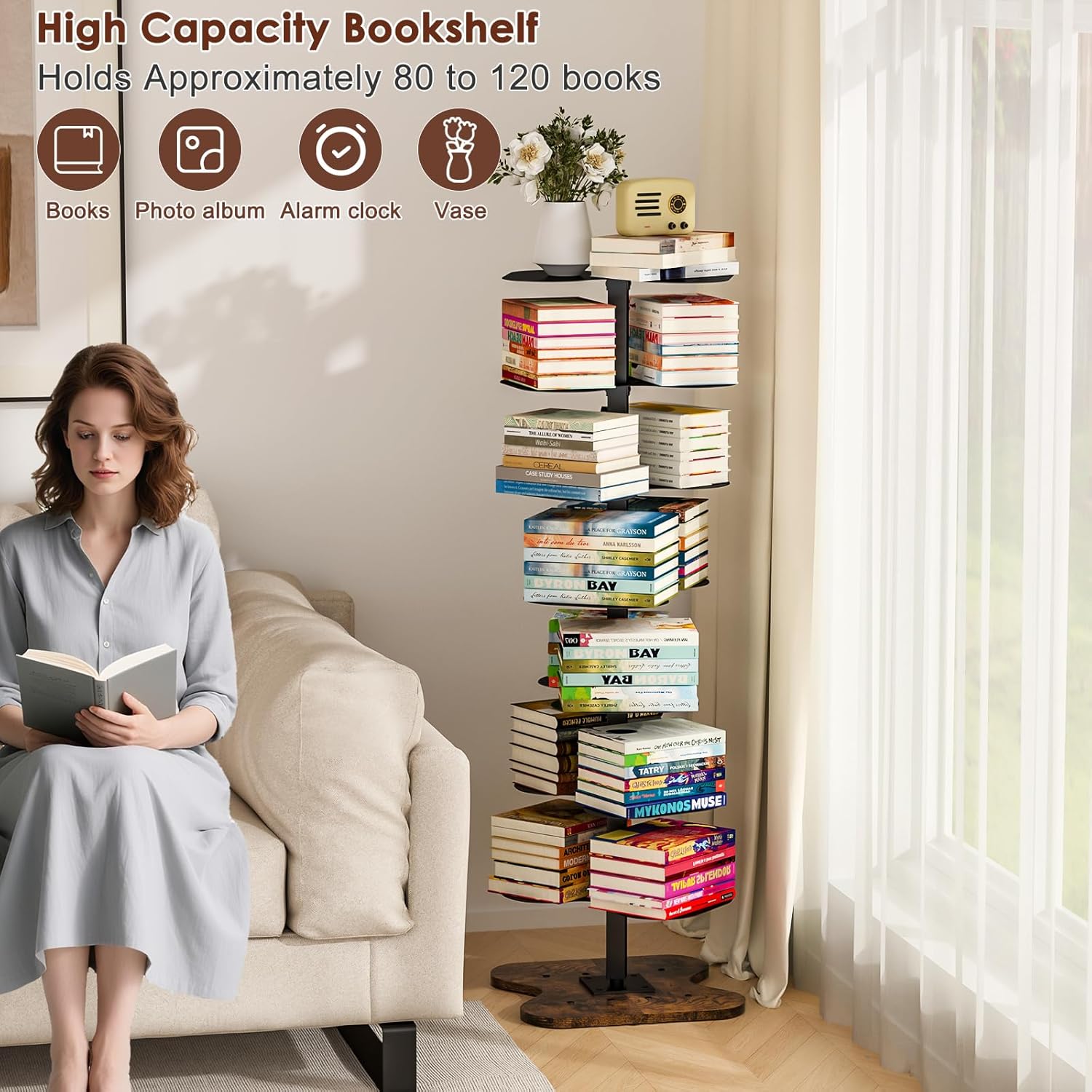 7 Tier Rotating Bookshelf, 360° Display Spinning Bookcase, Metal Corner Bookcases Storage Rack, Tall Floor Standing Revolving Bookshelves Narrow Book Shelf Organizer for Home Office, Black