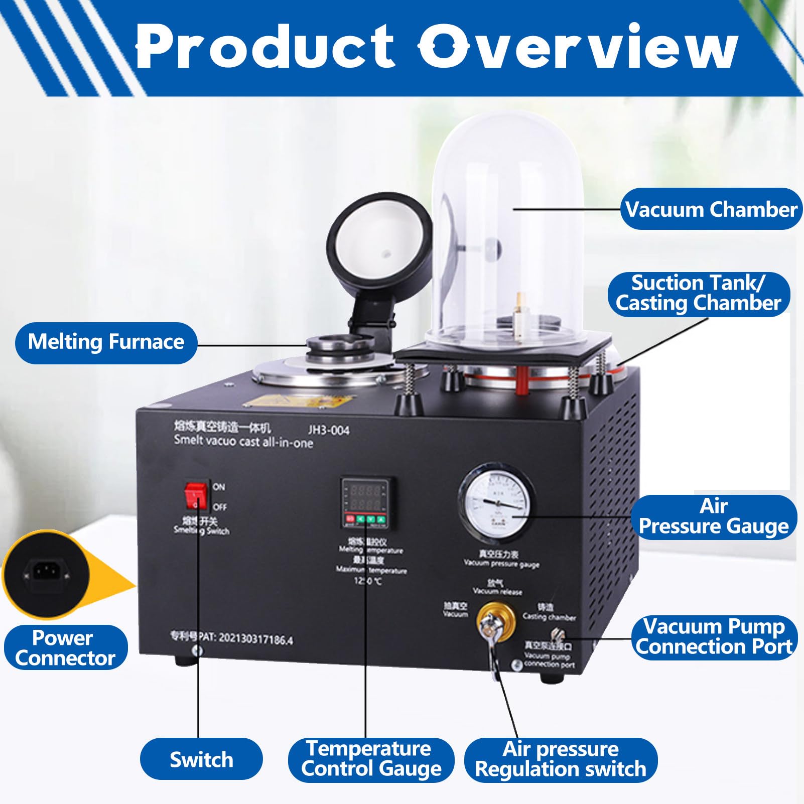 Máquina de fundición al vacío, pantalla digital, herramienta de fundición de metales preciosos a alta temperatura, 1/2 HP, con crisol de grafito, para la fabricación de joyas de oro y plata. 2KG