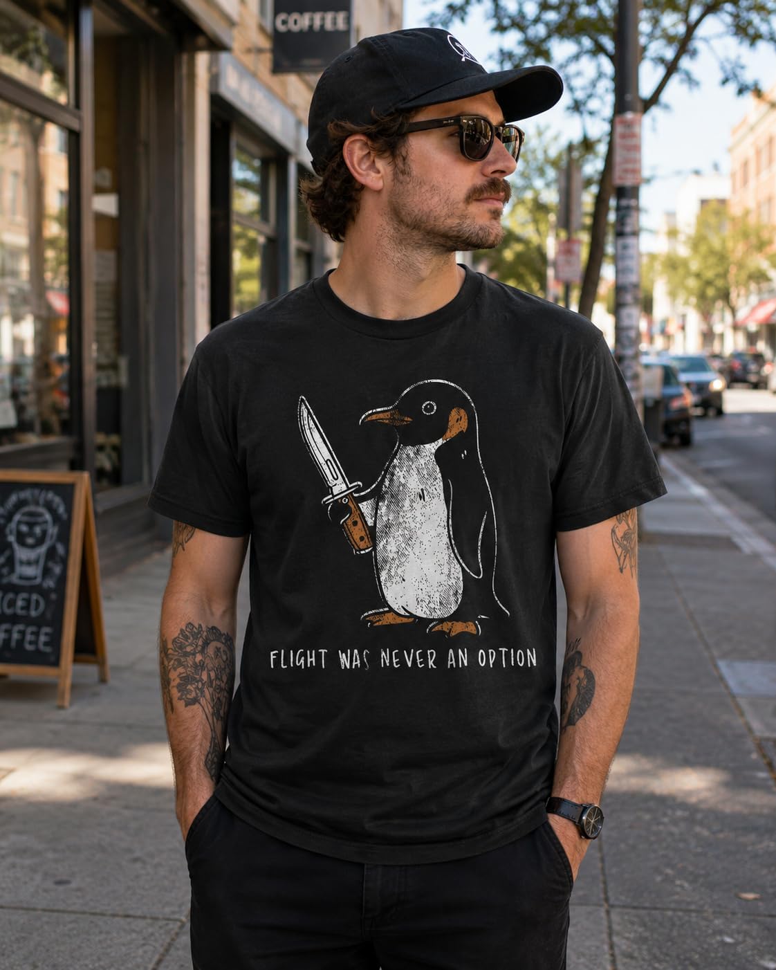 Mens Funny T Shirts Flight was Never an Option Sarcastic Penguin Graphic Novelty Tee for Men