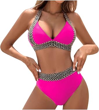 Women Sexy Push Up Bikini Set Two Piece Swimwear Halter High Waist Full Coverage Padded Colorblock Tie Back Bathing Suit