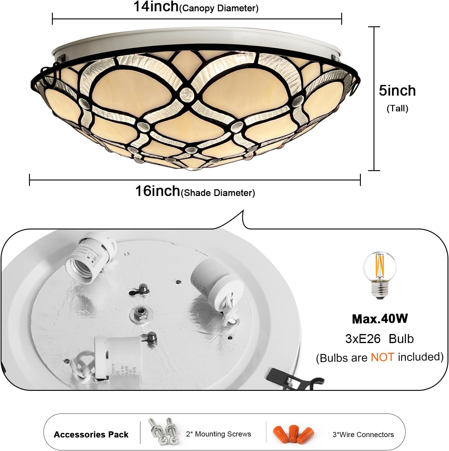 ARTZONE Tiffany Ceiling Lights, Stained Glass Ceiling Light 3-Lights 16 Inch Tiffany Flush Mount Ceiling Light for Bedroom Dining Living Room Entryway Foyer