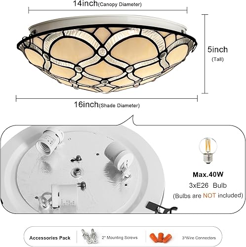 Miniatura 5 de ARTZONE Tiffany - Lámpara de techo de vitral, 3 luces de techo de 16 pulgadas Tiffany de montaje empotrado para dormitorio, comedor, sala de estar,
