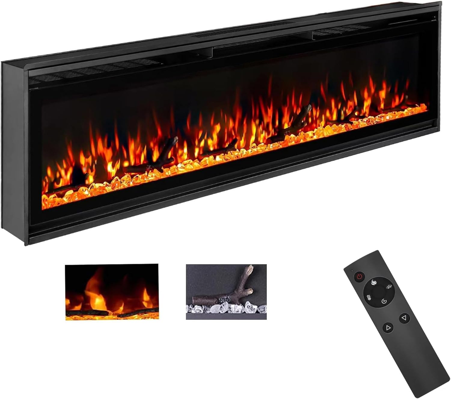 TUAN Electric Fireplace Inserts, Ultra Thin Wall Mounted Fireplace with Remote Control, Multicolor Realistic Flame, Touch Screen, Thermostat, Timer, 750w/1500w (Log & Crystal Included) (60 inch)